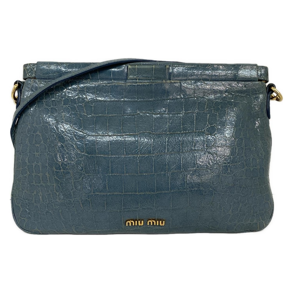 【中古】miumiu(ミュウミュウ) ショルダーバッグ 型押し加工 ブルーグレー レザー