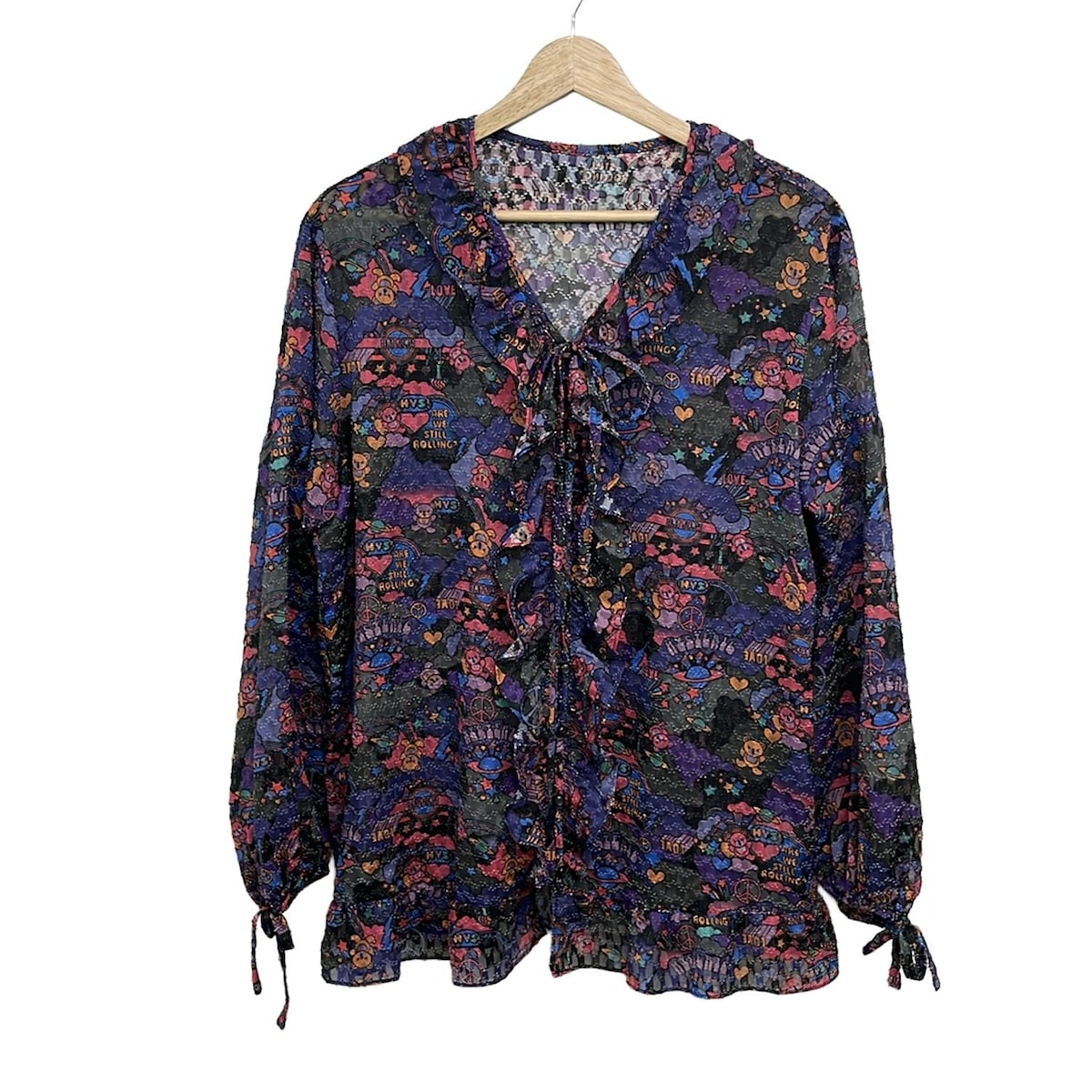 【中古】HYSTERIC GLAMOUR(ヒステリックグラマー) 長袖シャツブラウス クマ/スター(星)/ハート/シースルー/フリル パープル×黒×マルチ