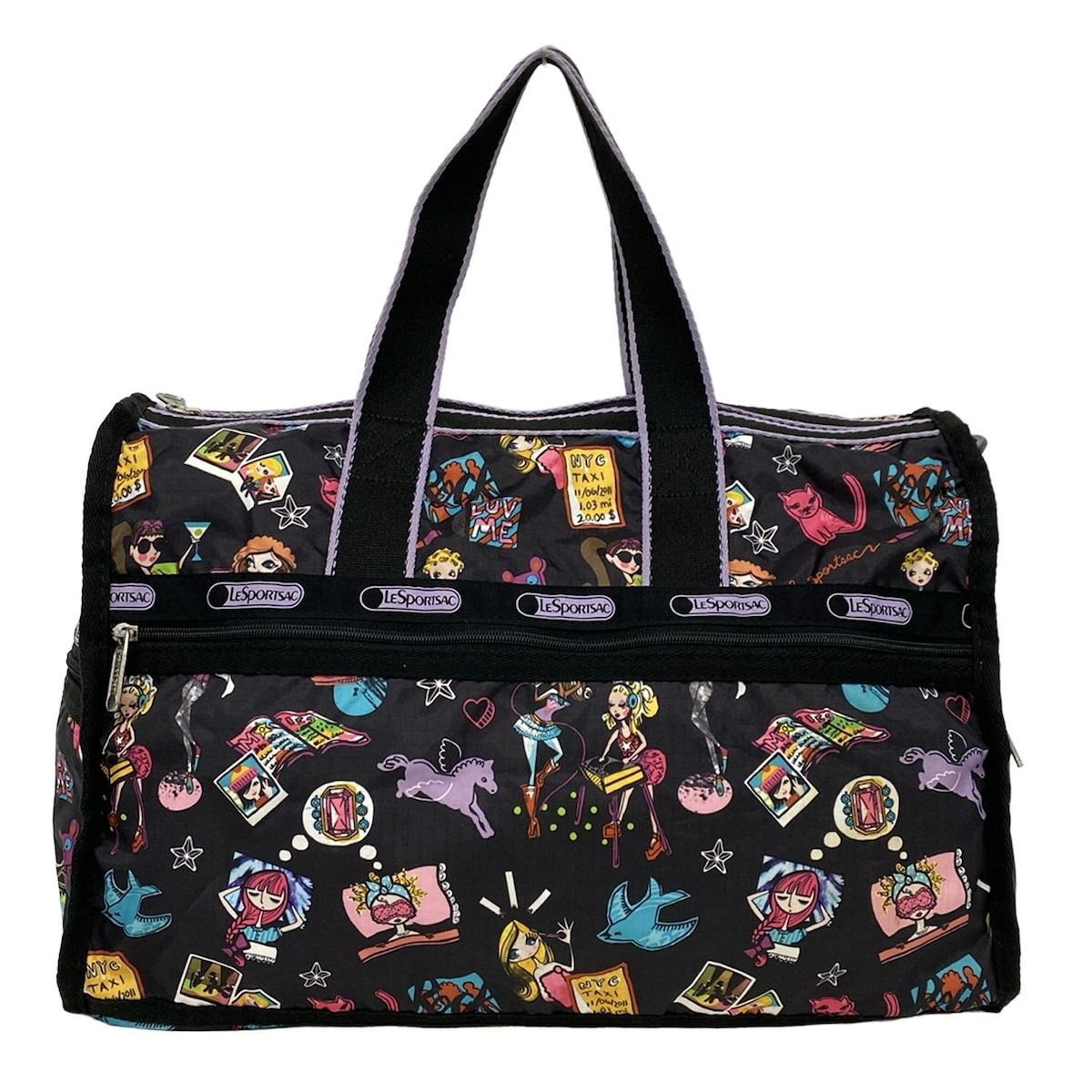 【中古】LESPORTSAC(レスポートサック) ボストンバッグ 本体ロックあり 黒×ライトパープル×マルチ