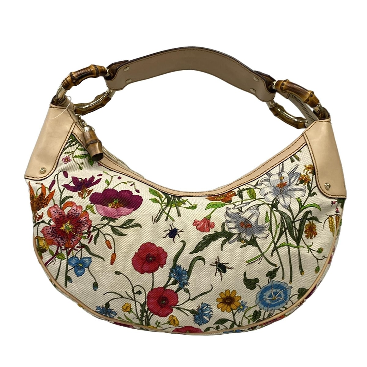 【新着】【中古】GUCCI(グッチ) フローラ/バンブー ショルダーバッグ 花柄 アイボリー×ベージュ×マルチ レザー