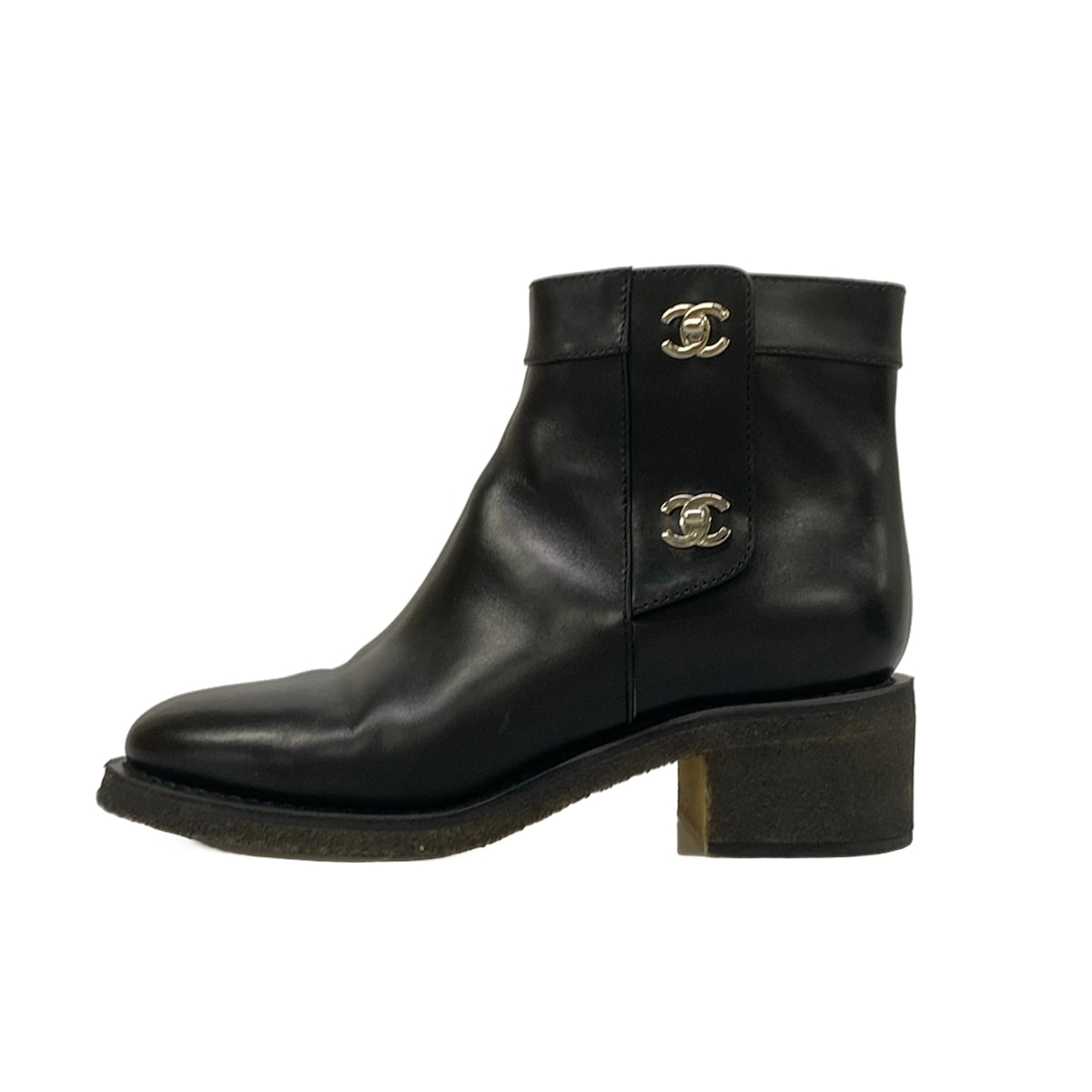 【中古】CHANEL(シャネル) ショートブーツ シルバー金具/ココマーク/ターンロック 黒 レザー|ブランディア 店
