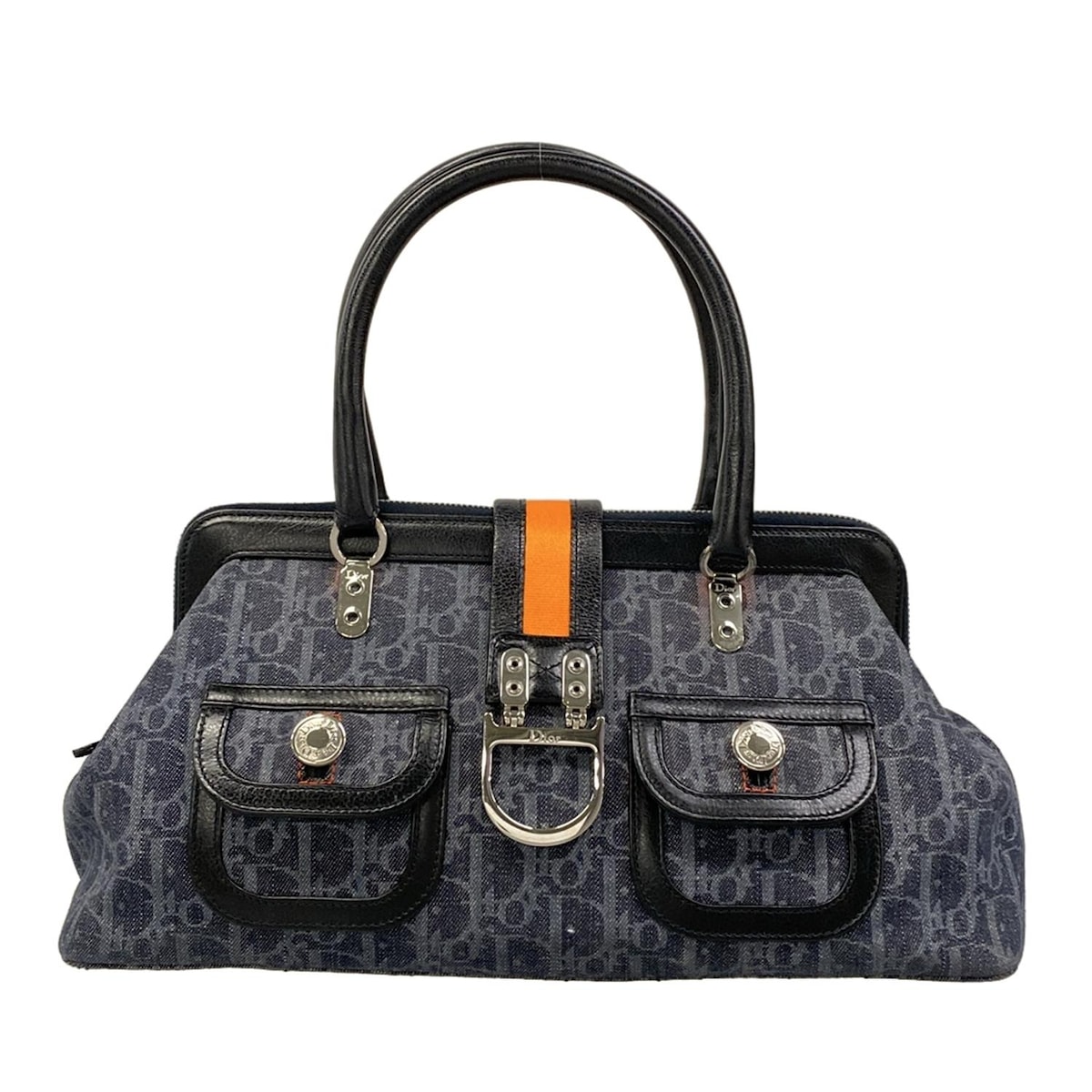 【新着】【中古】DIOR/ChristianDior(ディオール/クリスチャンディオール) フライト ショルダーバッグ ダークネイビー×黒×オレンジ レザー