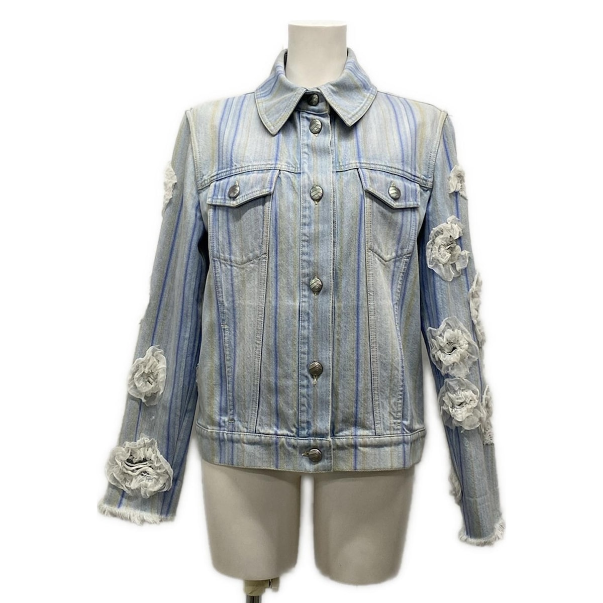 【中古】CHANEL(シャネル) Gジャン ストライプ/ダメージ加工/フリル/2018年/春/秋 ライトブルー×イエロー×マルチ コットン