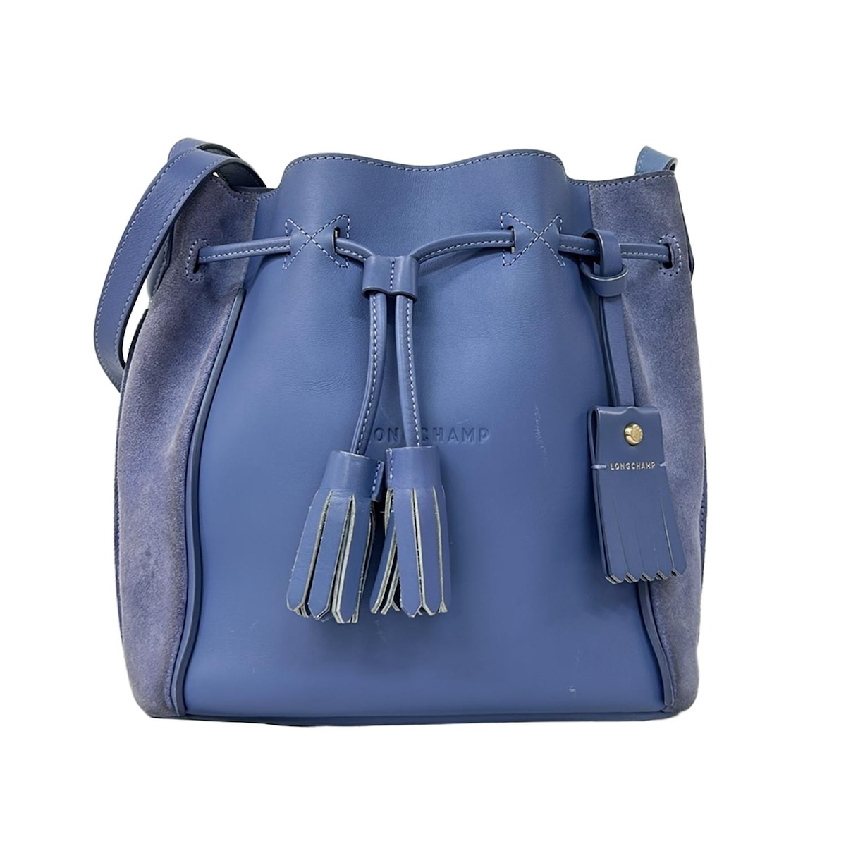 【中古】LONGCHAMP(ロンシャン) ペネロペ ショルダーバッグ 巾着型/タッセル ブルーグレー×パープル レザー