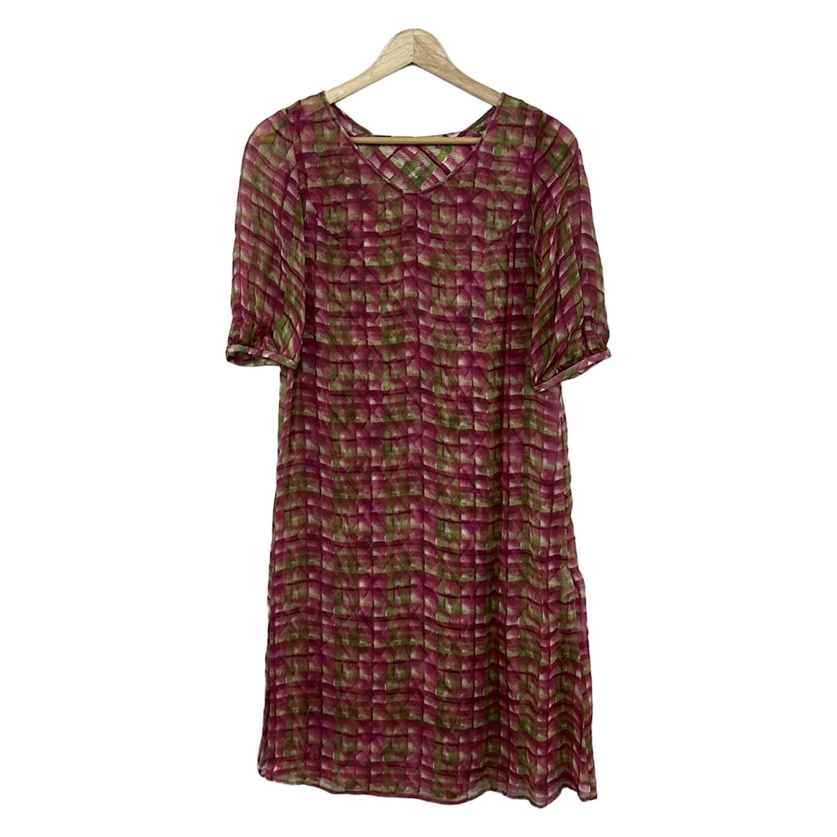 【新着】【中古】Sybilla(シビラ) ワンピース Vネック/半袖/ひざ丈/シルク/チェック柄 ピンク×グリーン