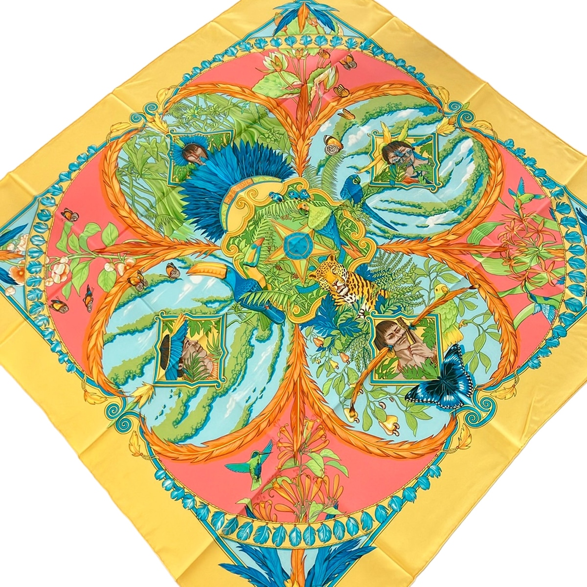 【中古】HERMES(エルメス) カレ90 えり巻き AMAZONIA（アマゾニア） 黄色×マルチ 地絹