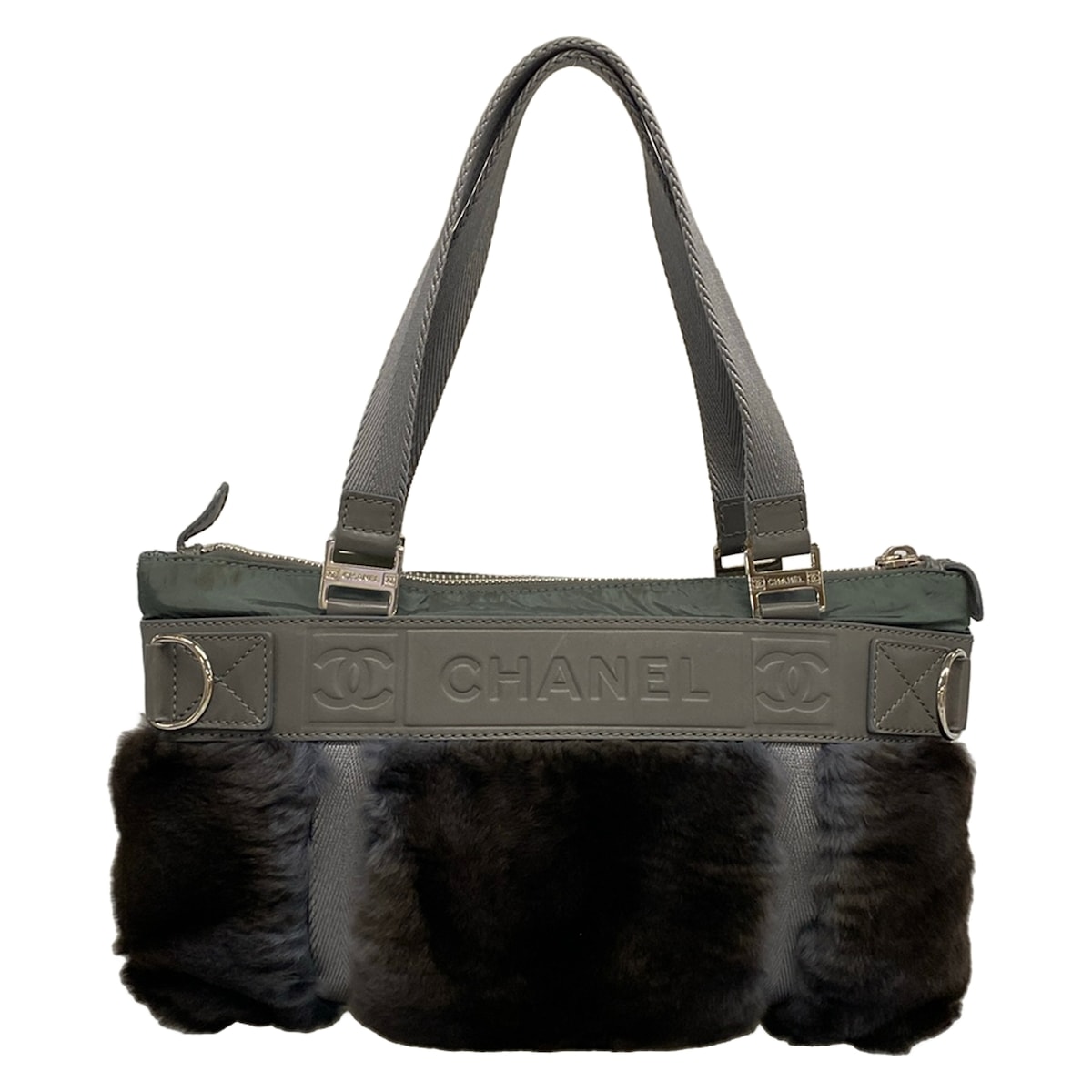 【中古】CHANEL(シャネル) 運動競技伝達ルート ハンドバック しろがね色金具 薄墨色×緑であること なめし革、毛革、家兎