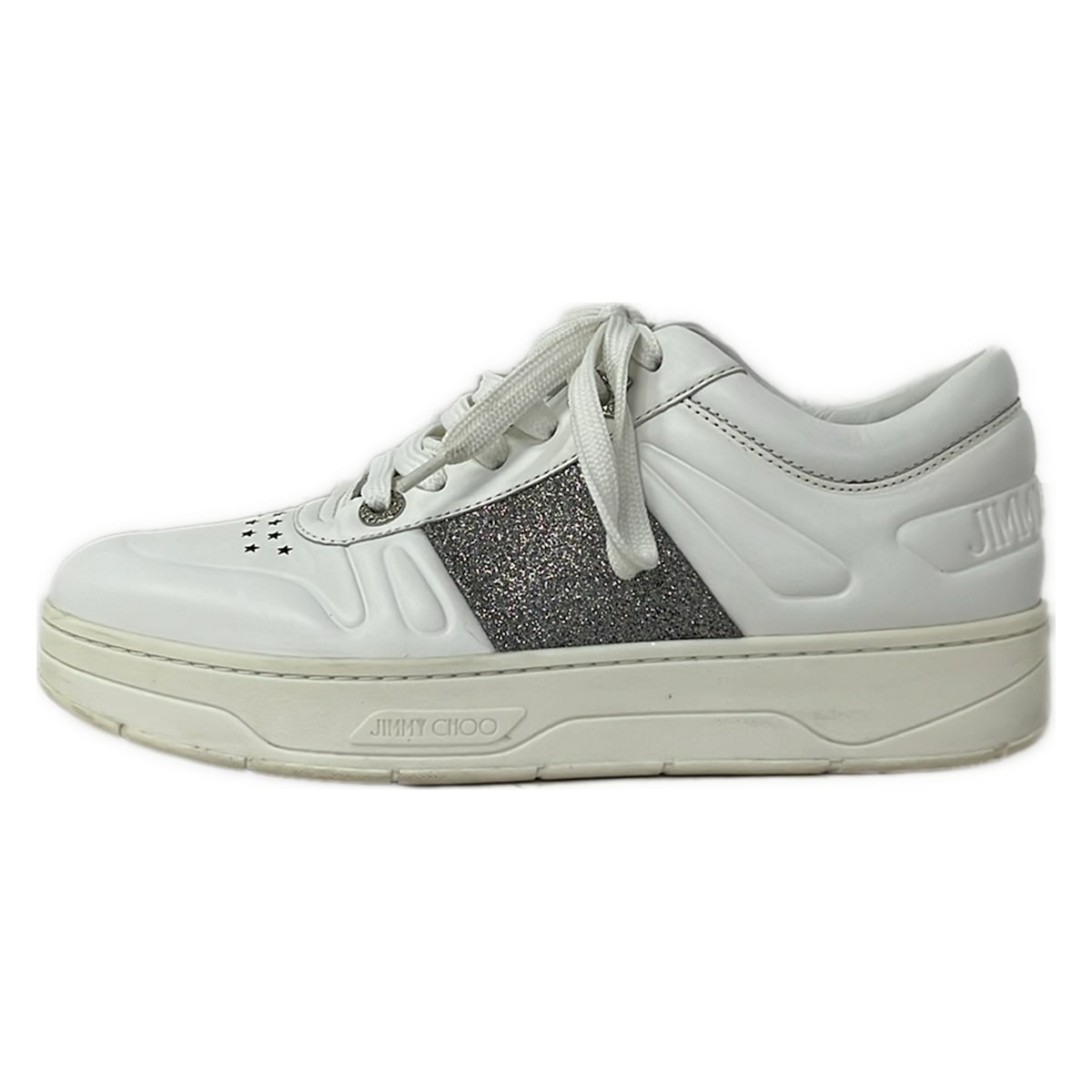 【中古】JIMMY CHOO(ジミーチュウ) HAWAII スニーカー スター 白×シルバー レザー|ブランディア 店