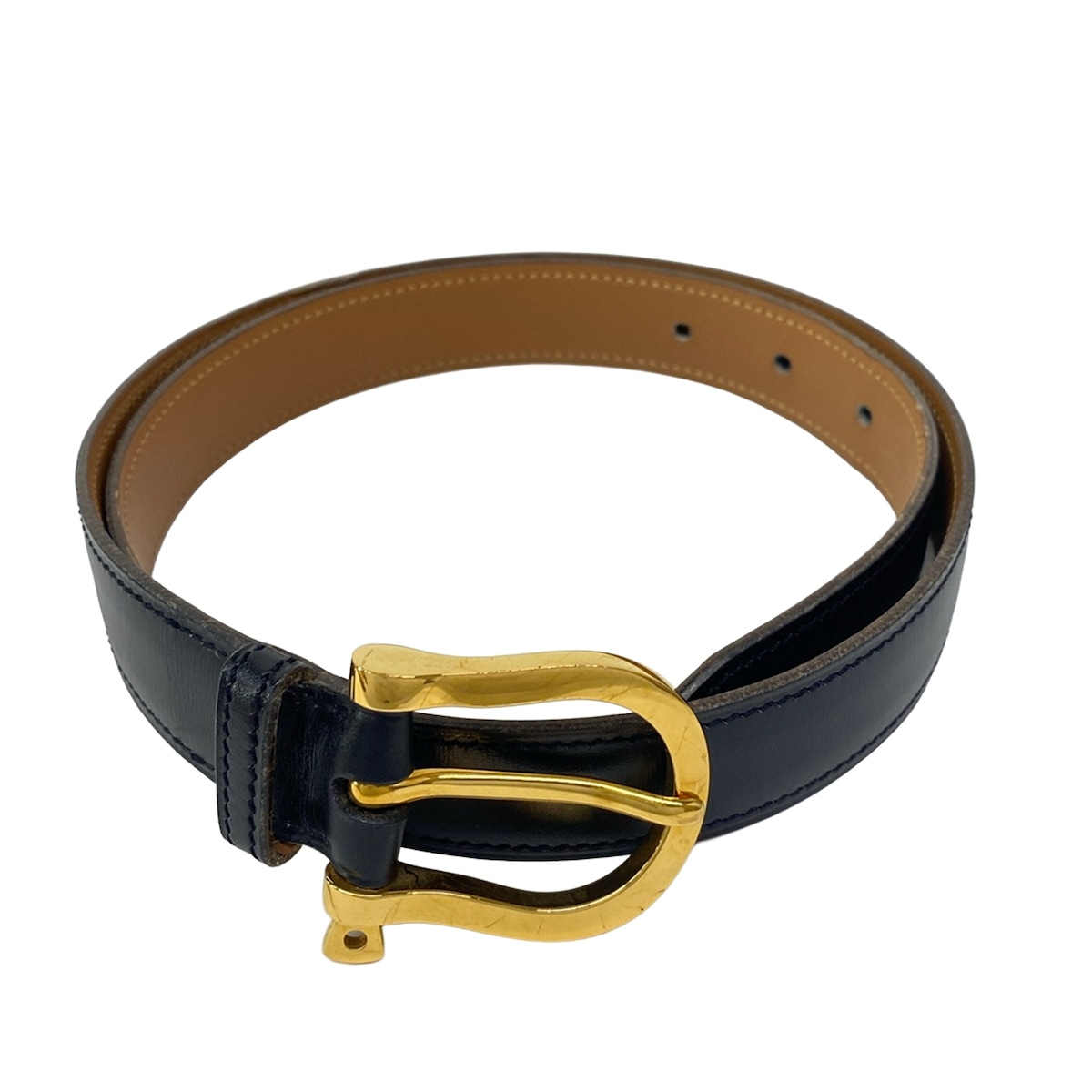 【中古】HERMES(エルメス) 三尺帯 黒×ゴールド なめし革