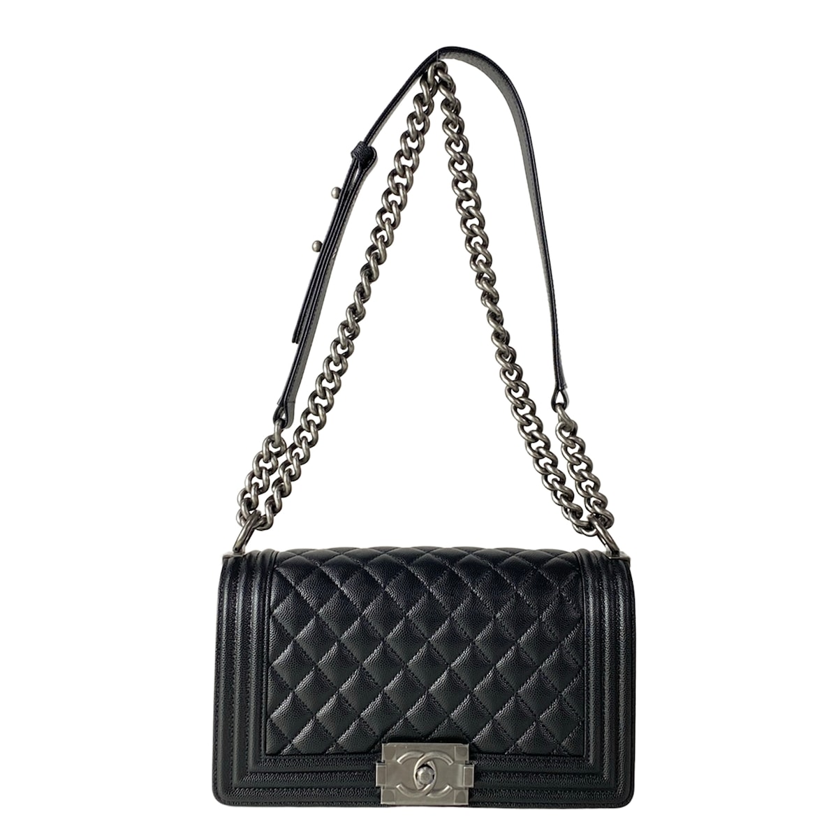 【中古】CHANEL(シャネル) 男の子シャネル25 ショルダーバッグ ヴィンテージシルバー金具/チェーン店肩肉/メタルシリアルプレート 黒