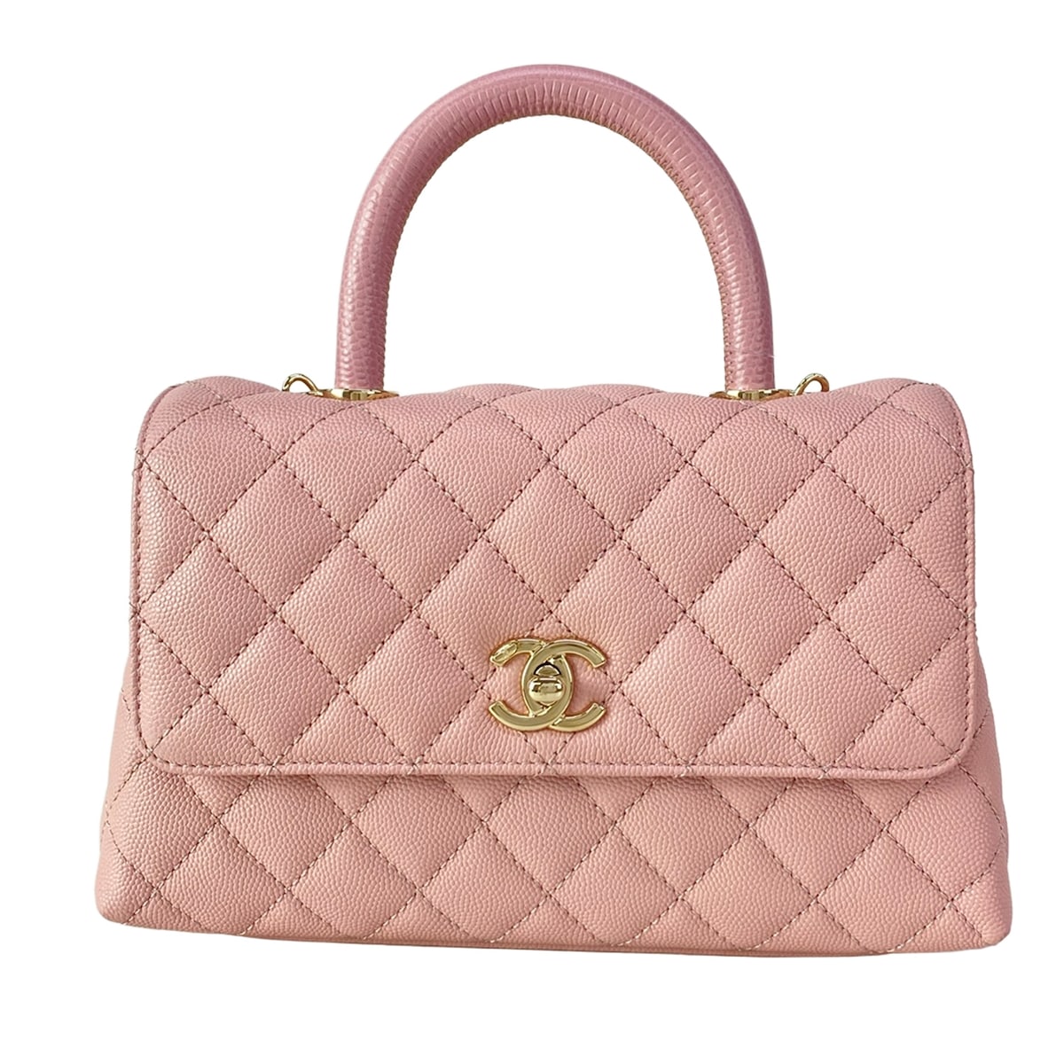 【新着】【中古】CHANEL(シャネル) スモール とっ始め手持ち部分 下げ翼 御徒面子/マトラッセ/ココハンドルXS/ココハンドル24 ハンドバック ゴールド金具/チェーン店肩肉/メタルシリアルプレート/蜥蜴型押し さくら色
