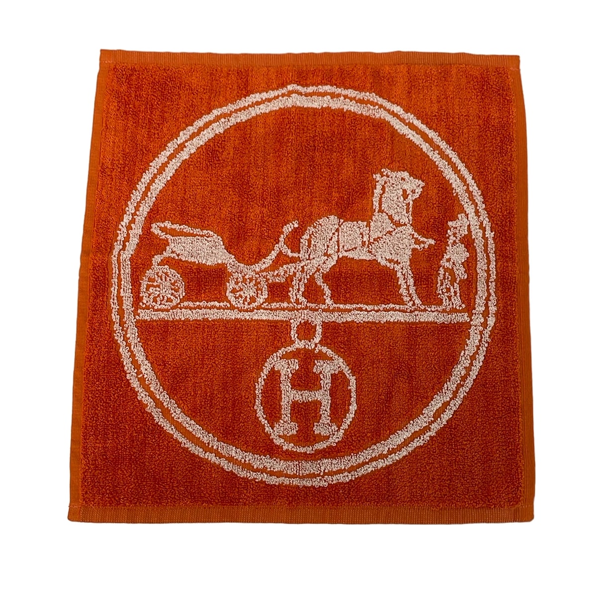 【中古】HERMES(エルメス) CARRE JACQUARD EX LIBRIS (エクスリブリス) 汗手拭い 荷馬車柄 オレンジ色×白 綿織物、地絹