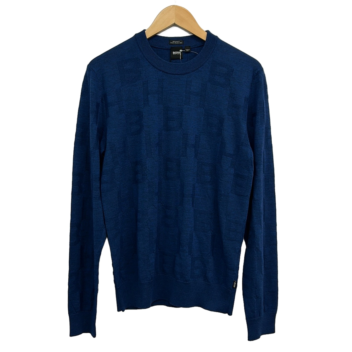 【中古】HUGOBOSS(ヒューゴボス) 長袖セーター 英字モノグラム ブルー ウール｜ブランディア　店