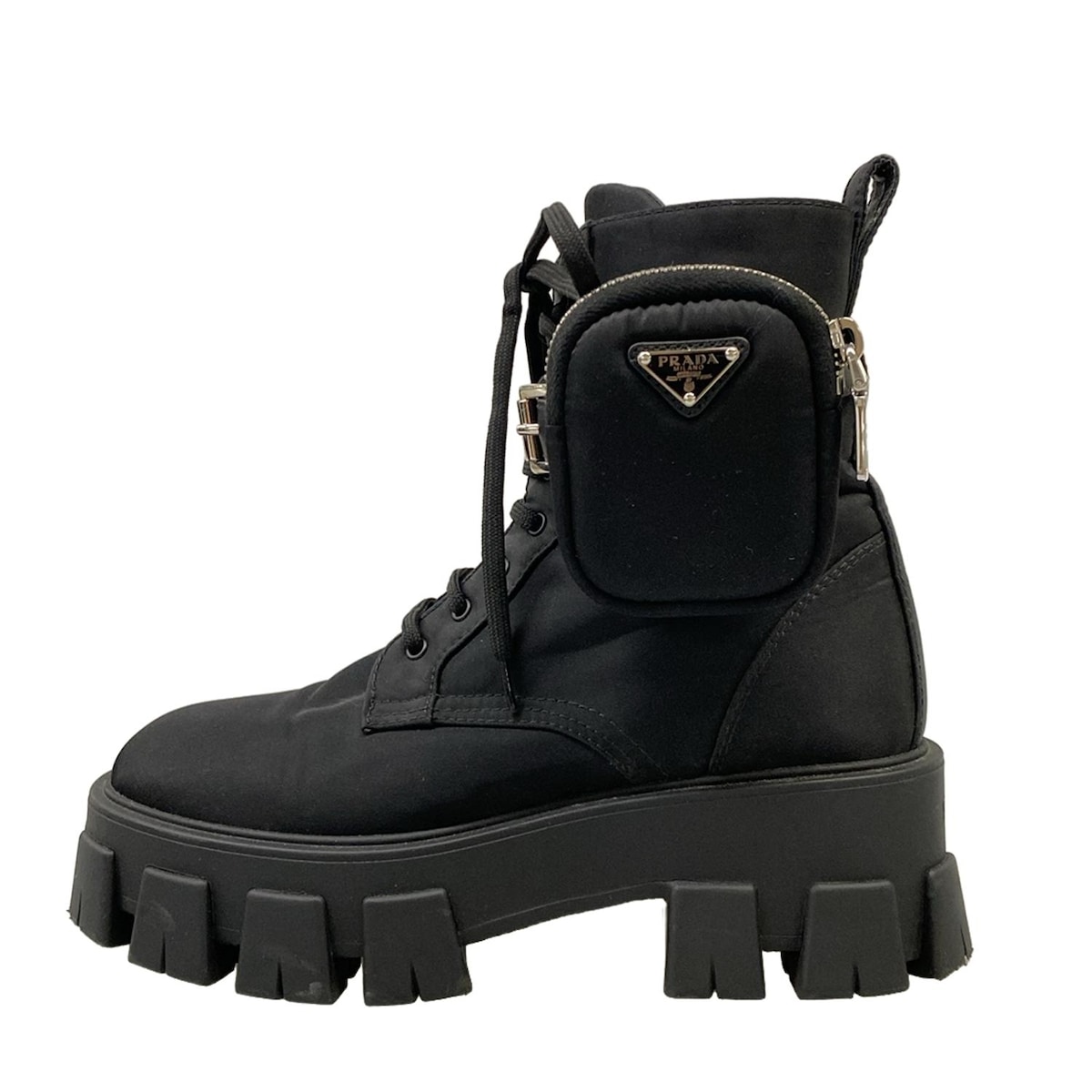 【新着】【中古】PRADA(プラダ) モノリス ショートブーツ ポーチ着脱可/ベルト着脱可 黒 レザー