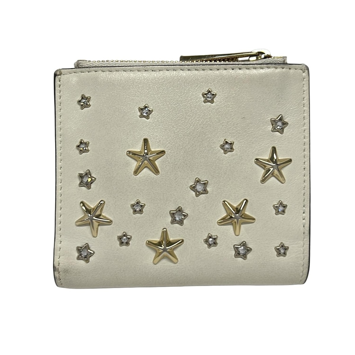 【新着】【中古】JIMMY CHOO(ジミーチュウ) ハニ 2つ折り財布 スター(星)/スタッズ/ホログラムシールあり アイボリー×ゴールド×クリア レザー