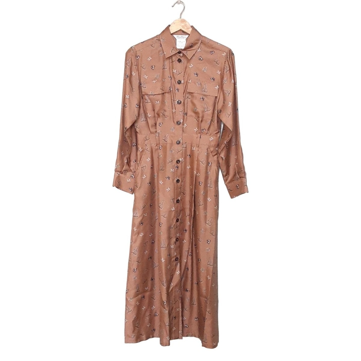 【新着】【中古】Max Mara(マックスマーラ) ワンピース レギュラーカラー/長袖/マキシ丈 ベージュ×黒×白