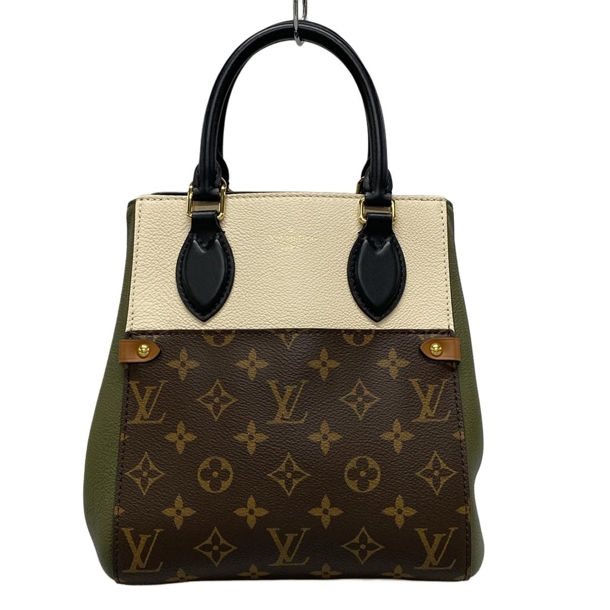 【新着】【中古】LOUIS VUITTON(ルイヴィトン) フォールドトートPM トートバッグ クレーム×カーキ×ノワール レザー、牛革