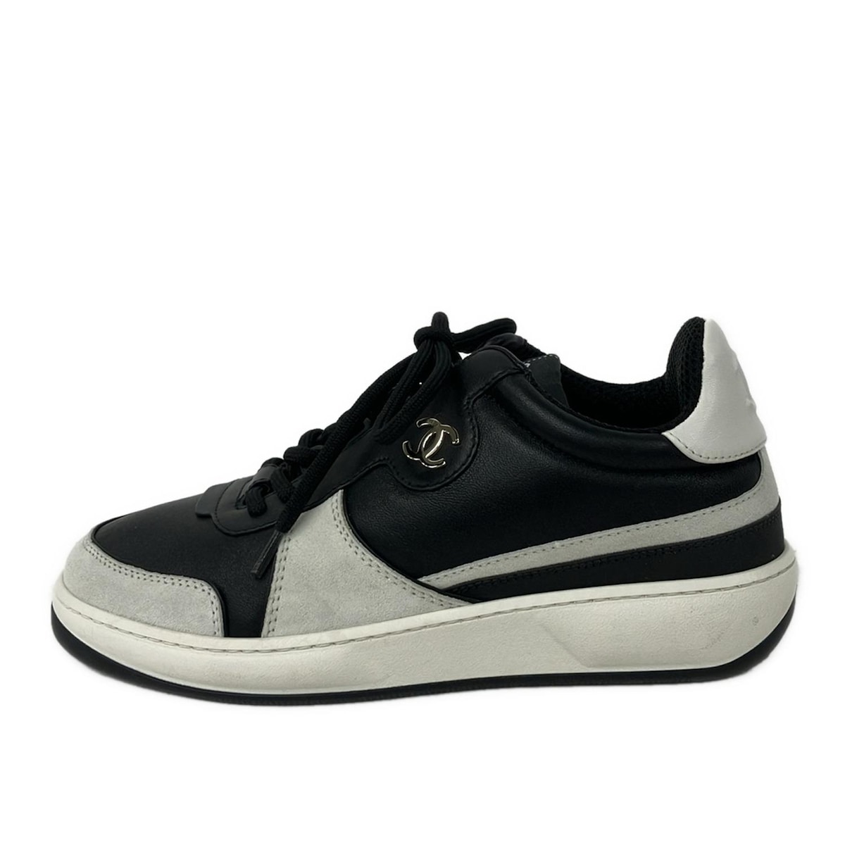 【新着】【中古】CHANEL(シャネル) スニーカー インソール取外し可/シルバー金具 黒×ライトグレー レザー