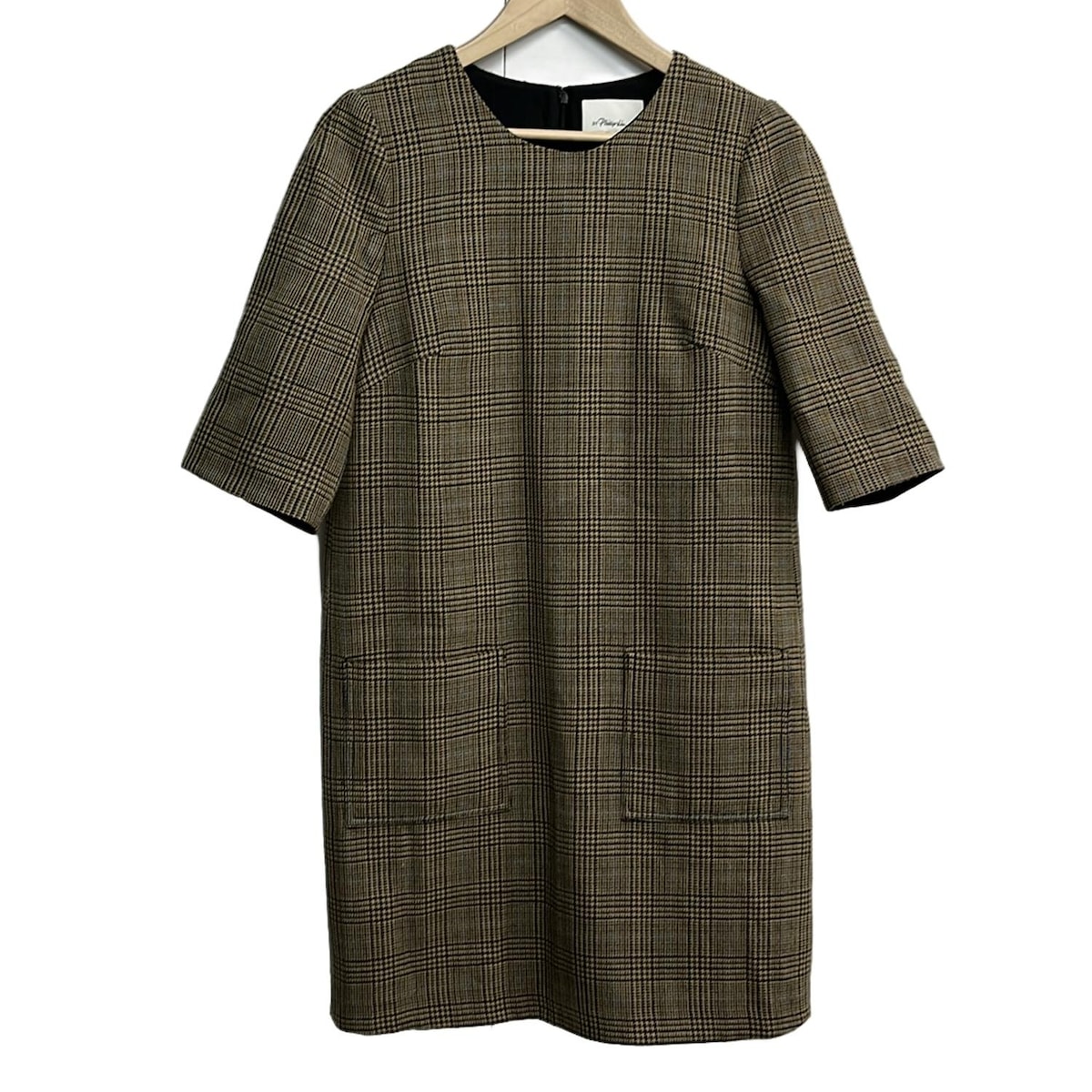 【新着】【中古】3.1 Phillip lim(スリーワンフィリップリム) ワンピース クルーネック/半袖/ひざ丈/チェック柄 ベージュ×黒×マルチ
