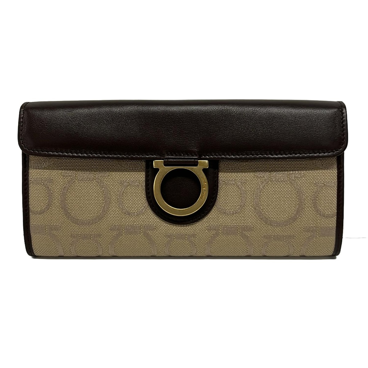 【新着】【中古】FERRAGAMO/SalvatoreFerragamo(サルバトーレフェラガモ) ガンチーニ 長財布 ベージュ×ダークブラウン レザー