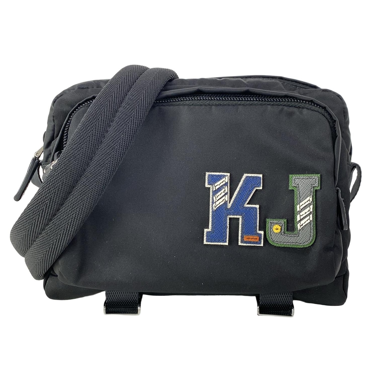 【新着】【中古】PRADA(プラダ) ショルダーバッグ マイ キャラクター/イニシャルシール貼り付けあり 黒×ネイビー×マルチ レザー