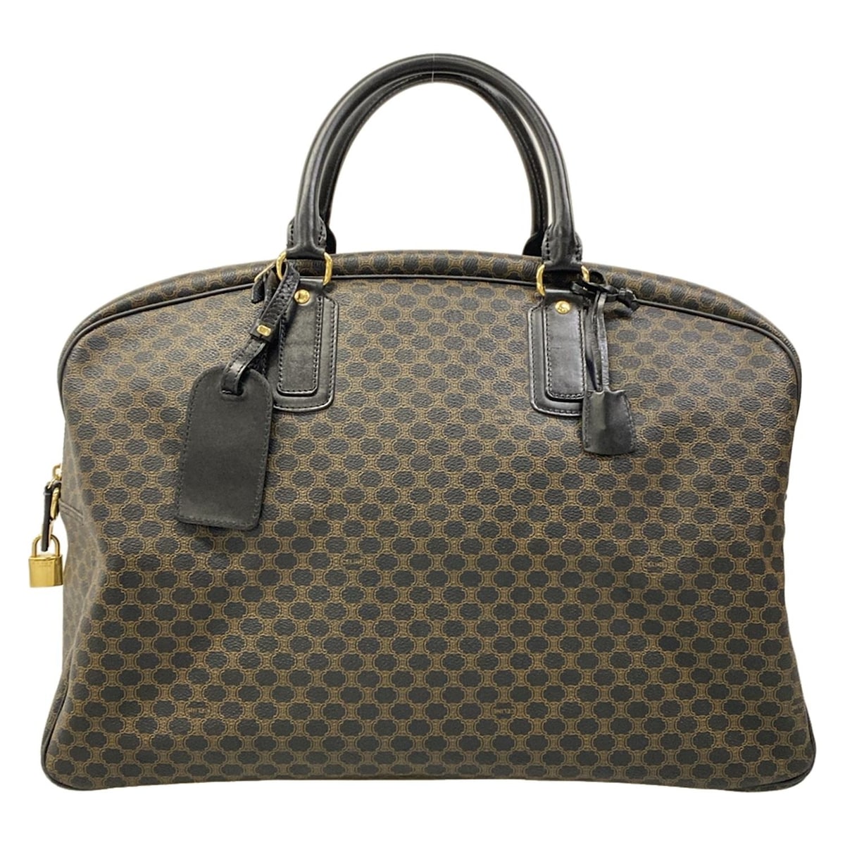 【新着】【中古】CELINE(セリーヌ) マカダム柄 ボストンバッグ 黒×赤銅色 なめし革