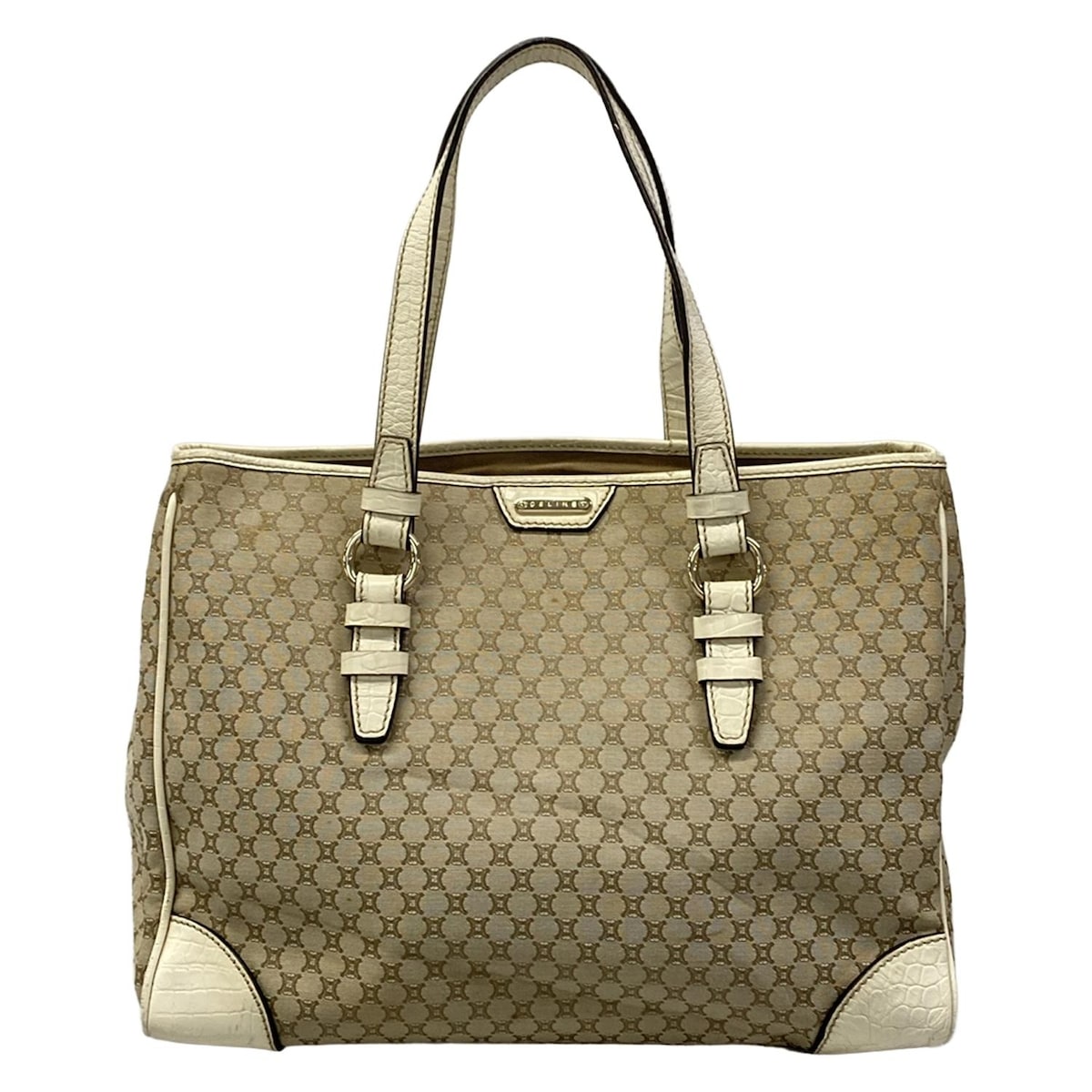 【新着】【中古】CELINE(セリーヌ) マカダム柄 トートバッグ 型押し加工 グレーベージュ×アイボリー レザー