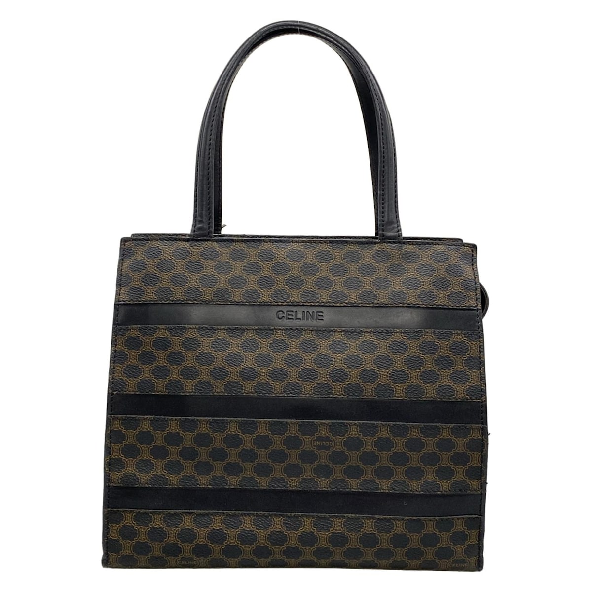 【中古】CELINE(セリーヌ) マカダム柄 ハンドバック 黒×赤銅色 なめし革