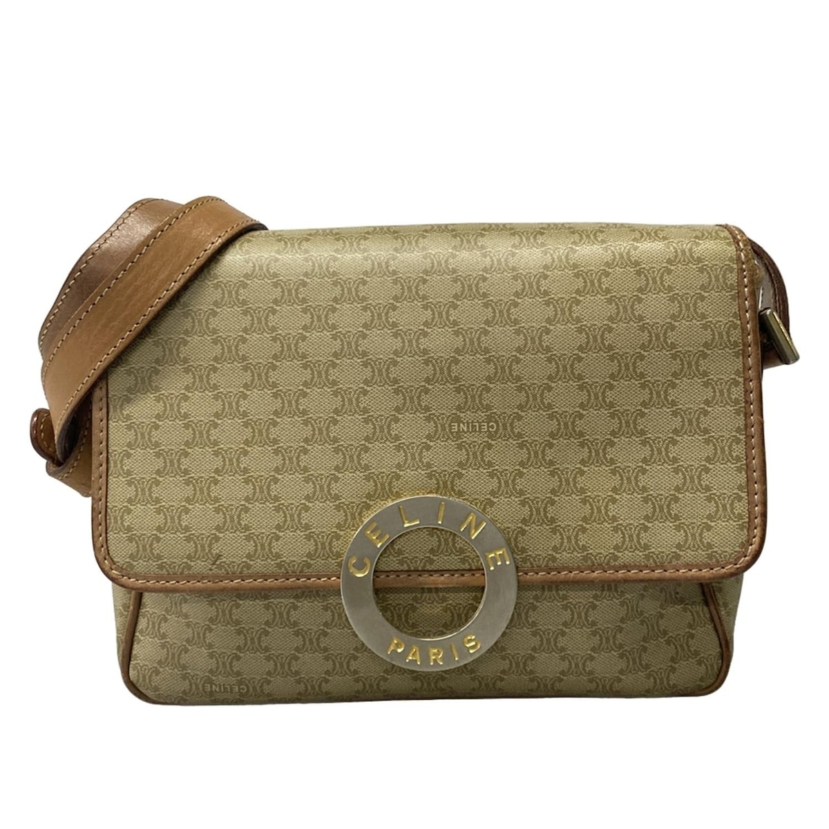 【新着】【中古】CELINE(セリーヌ) サークルロゴ/マカダム柄 ショルダーバッグ カーキ×アイボリー×ライトブラウン レザー