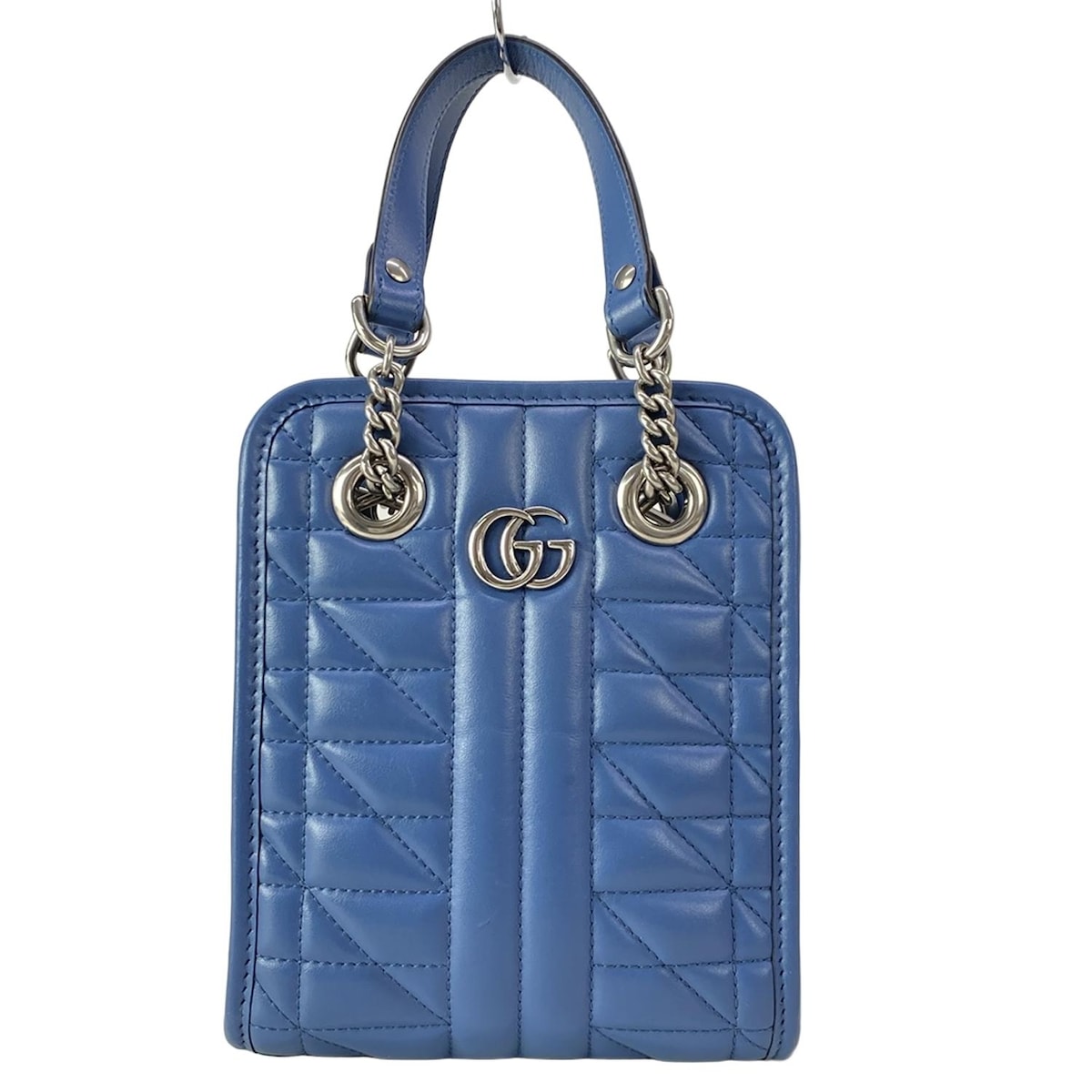 【新着】【中古】GUCCI(グッチ) GGマーモント トートバッグ チェーンハンドル/ミニバッグ/キルティング ブルー レザー