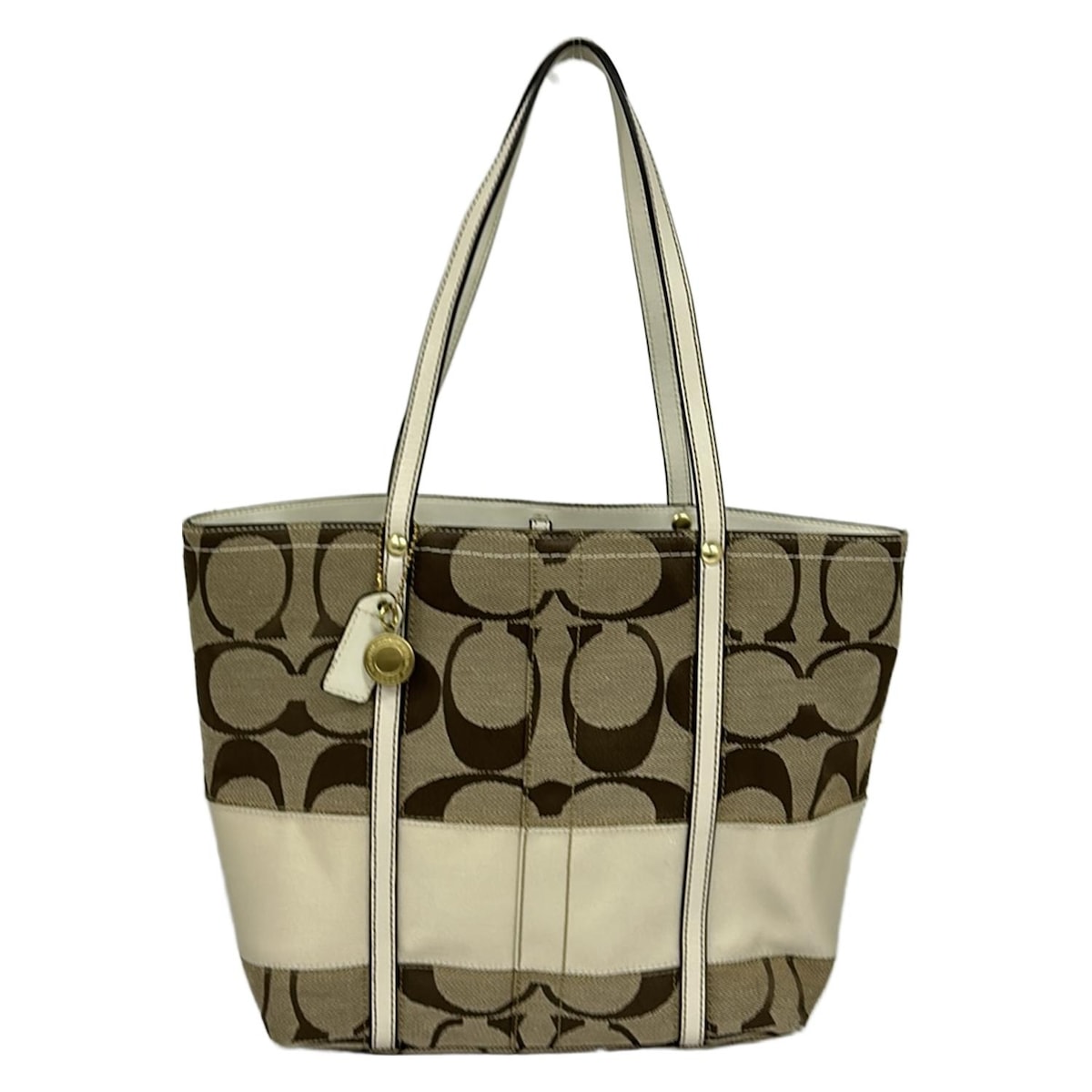 【新着】【中古】COACH(コーチ) シグネチャーストライプトート トートバッグ カーキ×アイボリー レザー