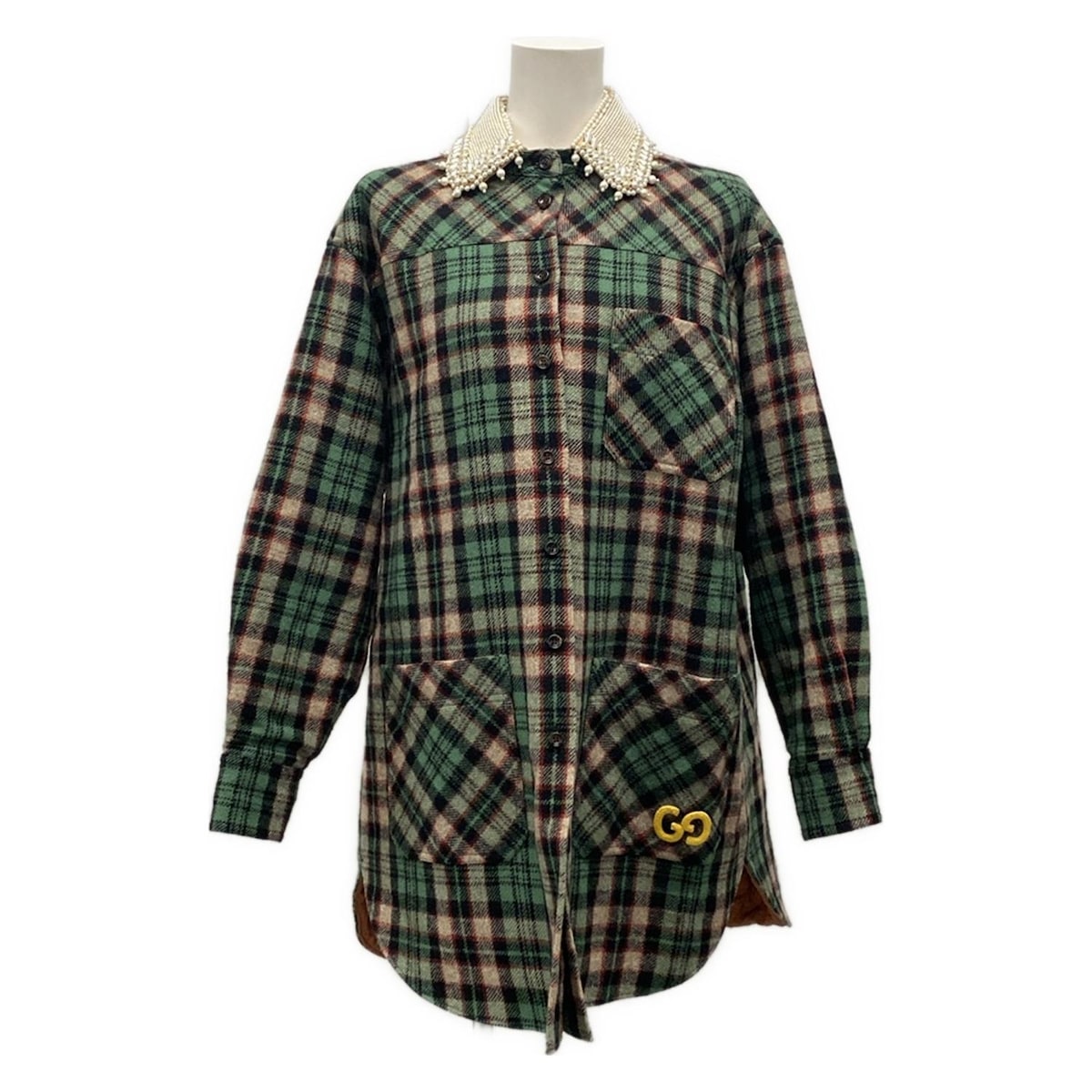 【新着】【中古】GUCCI(グッチ) コート 冬物/チェック柄/襟着脱可/フェイクパール グリーン×黒×マルチ ウール