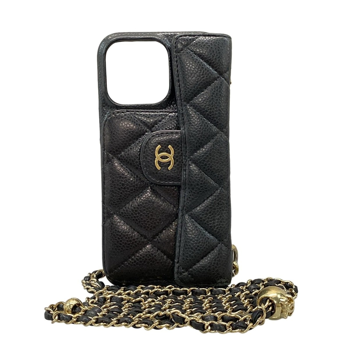 【新着】【中古】CHANEL(シャネル) マトラッセ 携帯電話ケース チェーンショルダー/フラップポケット/ボールチェーンショルダー/ゴールド金具/ストラップ取り外し可 黒 70,430円