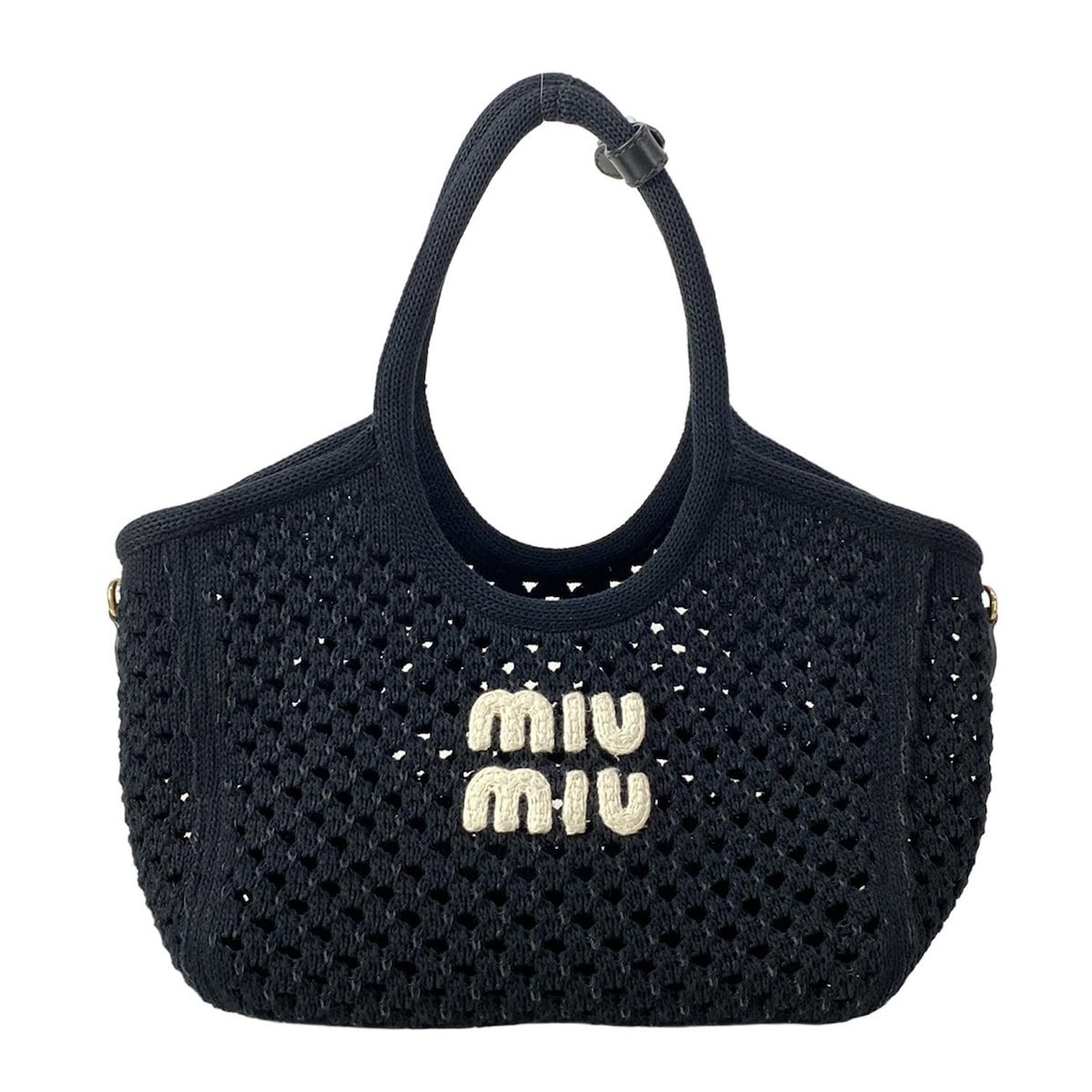 【中古】miumiu(ミュウミュウ) アイビー コットン メッシュバッグ トートバッグ 黒×白 コットン