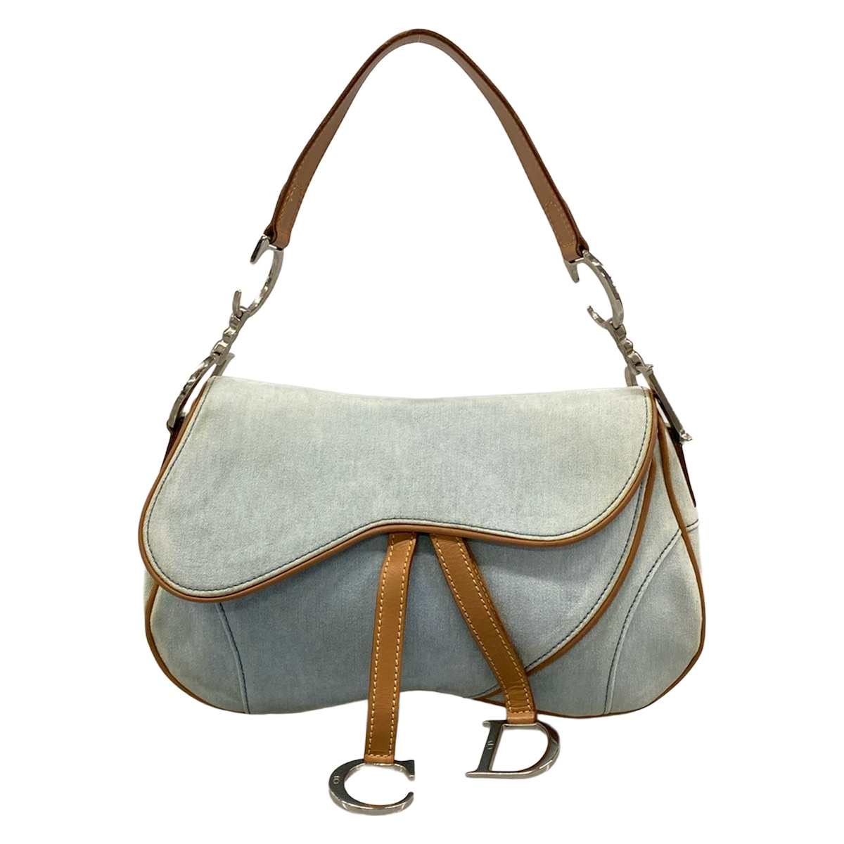 【新着】【中古】DIOR/ChristianDior(ディオール/クリスチャンディオール) ダブルサドルバッグ ショルダーバッグ ライトブルー×ベージュ レザー