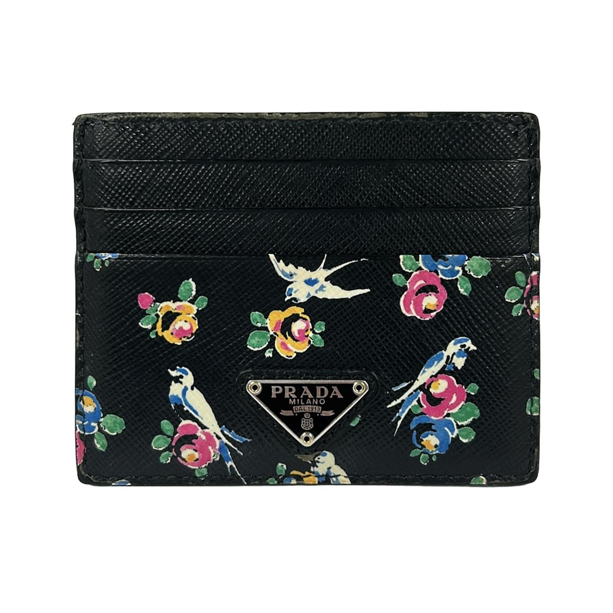 【新着】【中古】PRADA(プラダ) カードケース 花柄 黒×ブルー×マルチ レザー