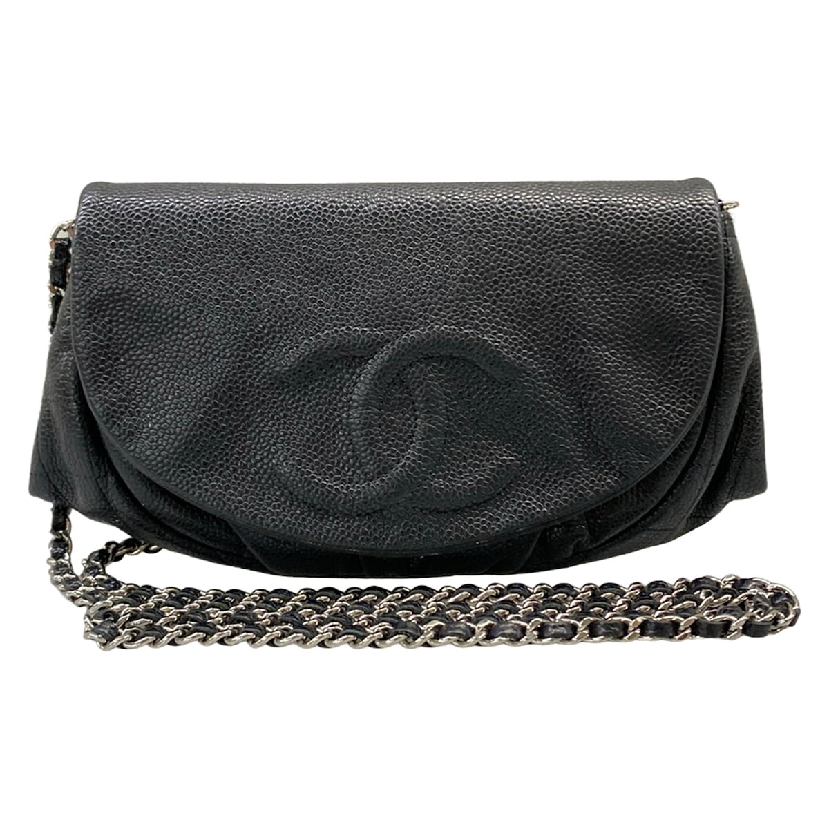 【中古】CHANEL(シャネル) 二分の一お月さま 金入れ チェーンウォレット/しろがね色金具 黒