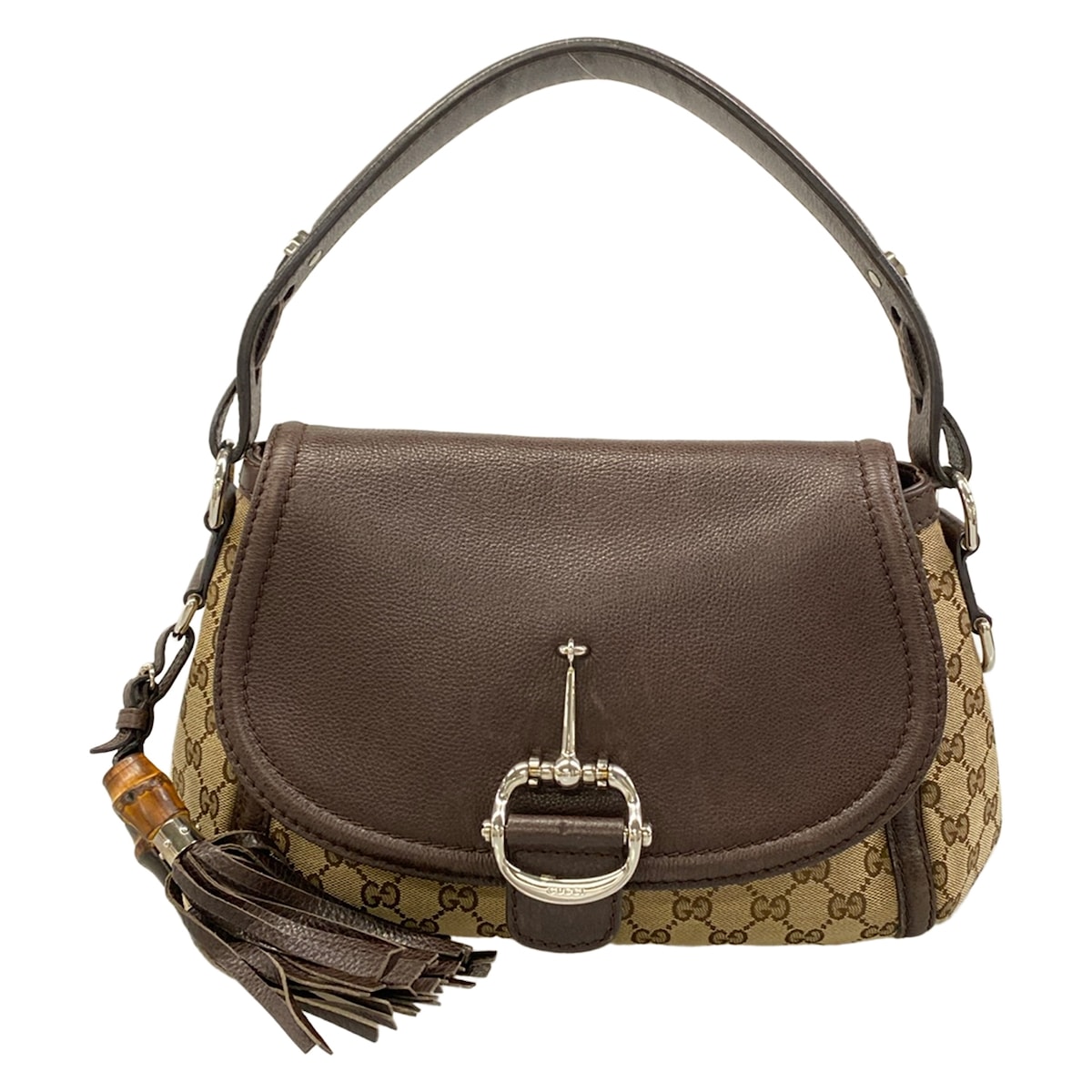 【中古】GUCCI(グッチ) 導管ビット/GG柄 ショルダーバッグ ベージュ×うす暗い赤銅色 なめし革