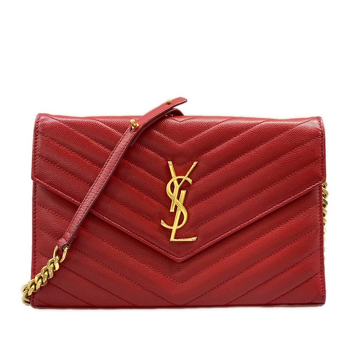 【中古】SAINT LAURENT PARIS(サンローランパリ) モノグラム・サンローランエンベロープ 金入れ チェーンウォレット 赤いこと なめし革