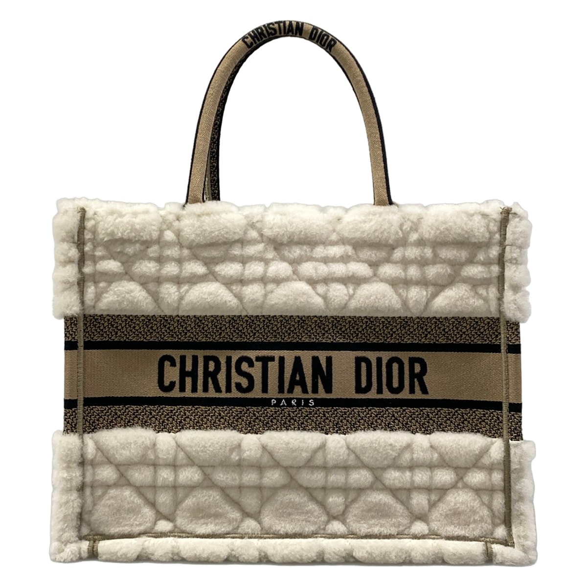 【中古】DIOR/ChristianDior(ディオール/クリスチャンディオール) ブックトートミディアムバッグ/旧スモール トートバッグ ボア/カナージュ アイボリー×ベージュ×黒