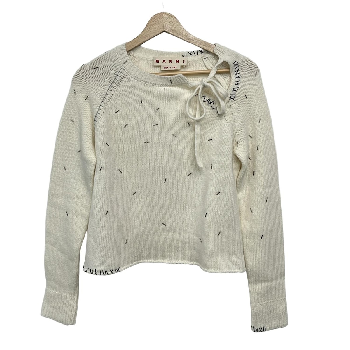 【中古】MARNI(マルニ) 長袖ティーシャツ ビーズ/カシミール混 象牙色×ともし火薄墨色×黒