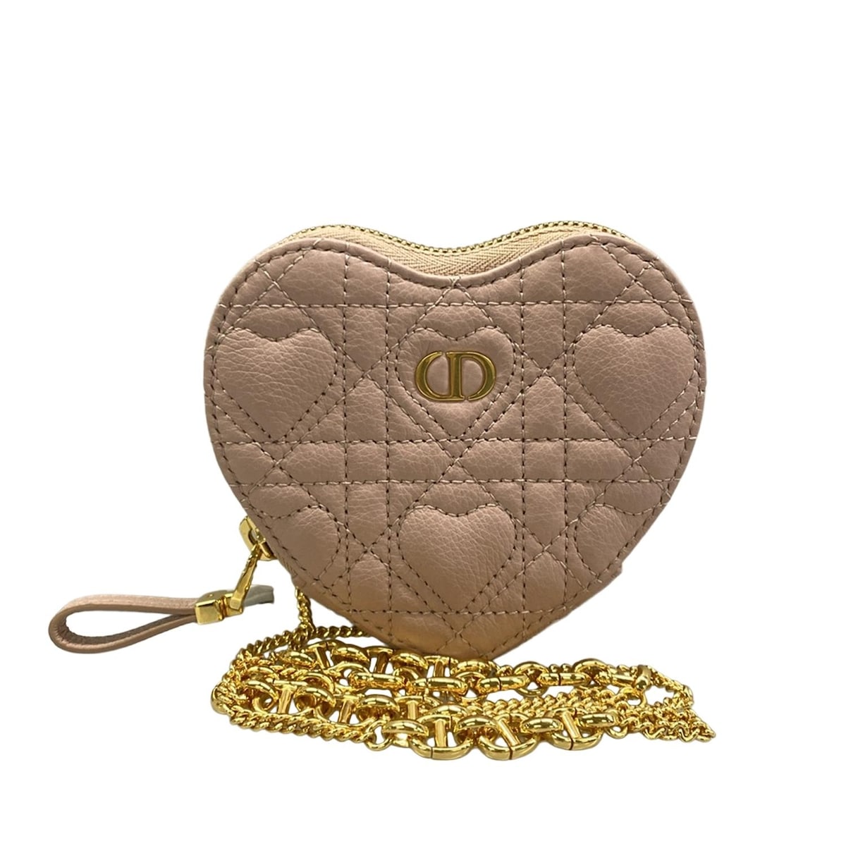【新着】【中古】DIOR/ChristianDior(ディオール/クリスチャンディオール) ディオール カロ チェーン ハート ポーチ ポーチ ハート/カナージュステッチ ピンクベージュ