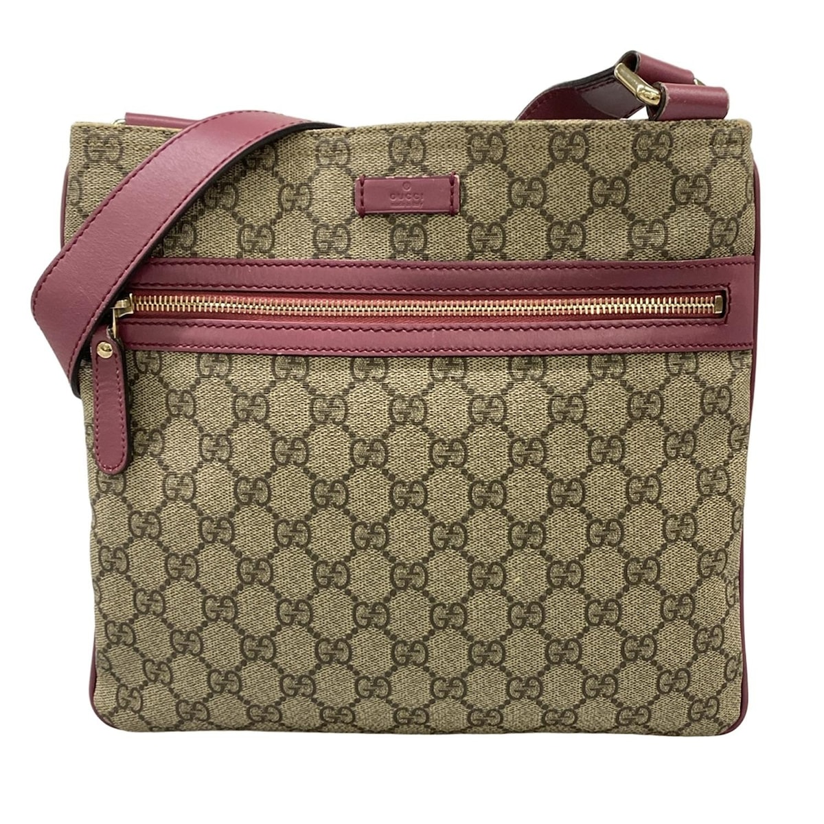 【中古】GUCCI(グッチ) GGプラス・GGスプリーム ショルダーバッグ フラットメッセンジャー ベージュ×エボニー×ピンク レザー