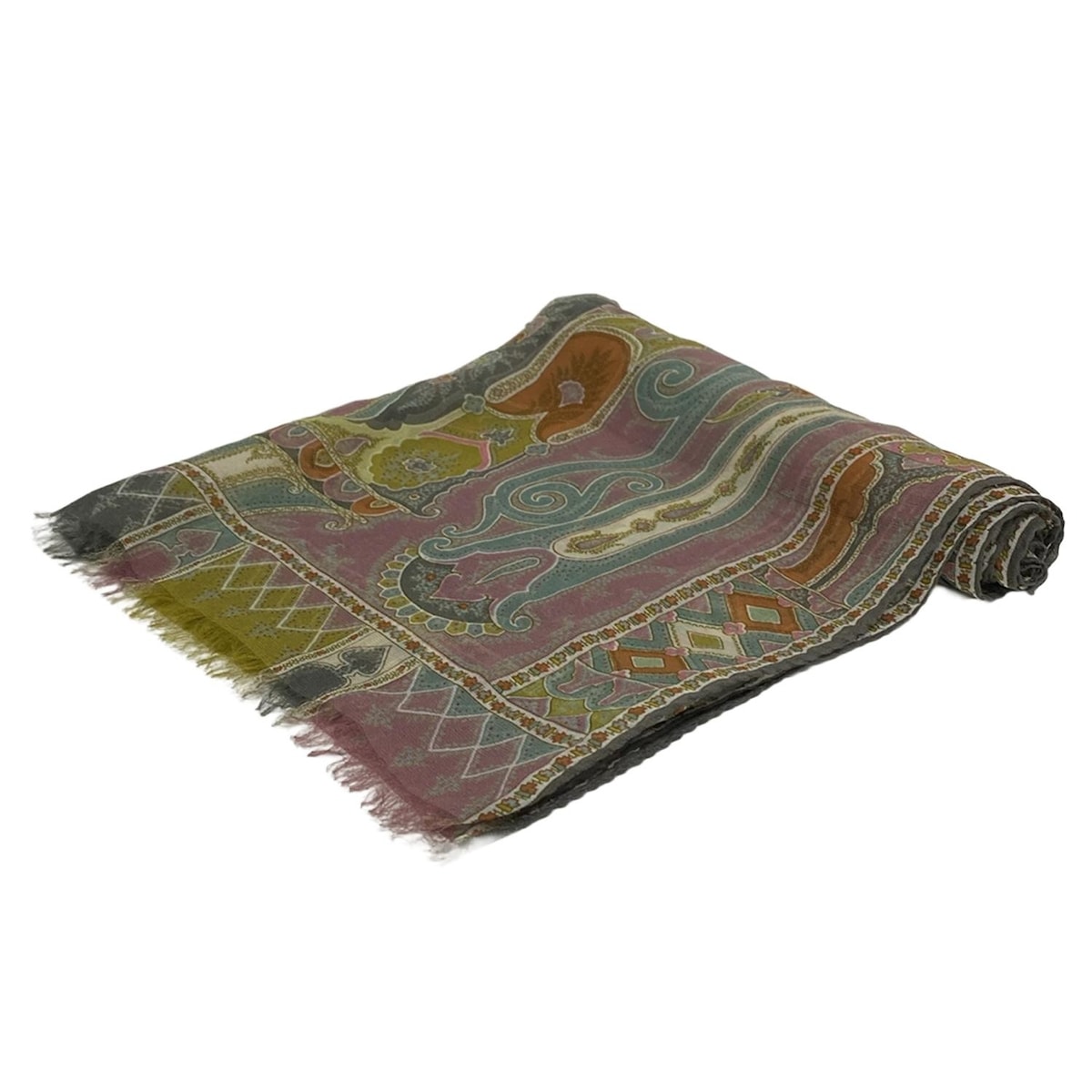 【中古】ETRO(エトロ) マフラー ペイズリー柄 ピンク×グリーン×マルチ シルク