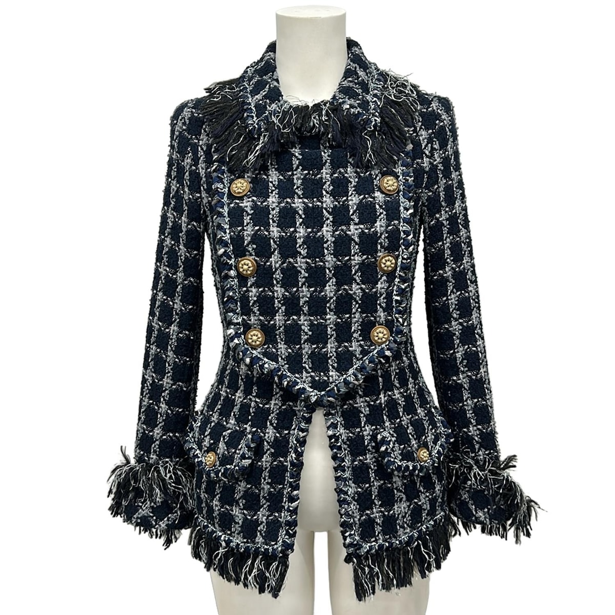 【新着】【中古】CHANEL(シャネル) ジャケット ツイード/チェック柄/フリンジ/ジップアップ/秋・冬物 ダークネイビー×グレー×白 コットン、ウール