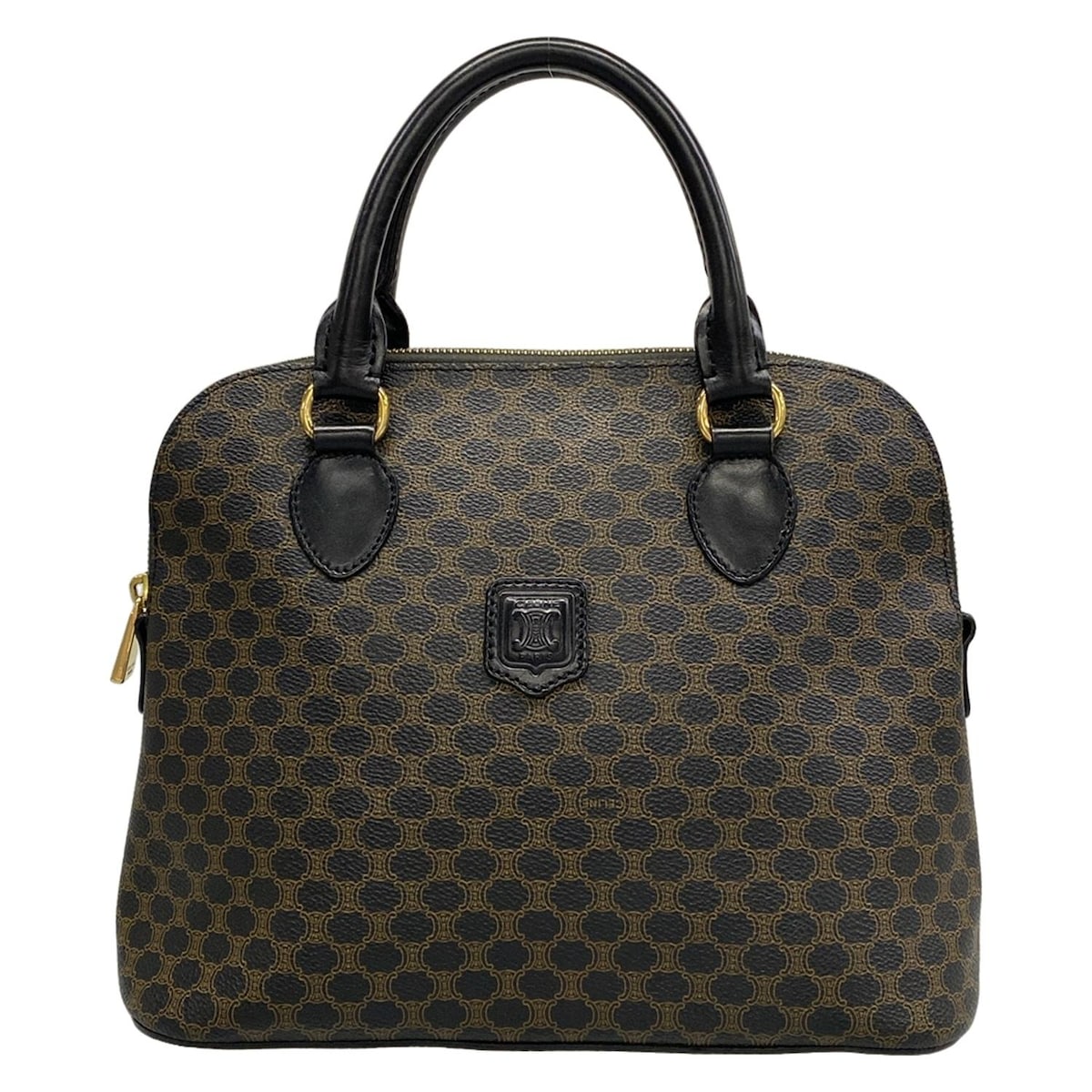 【新着】【中古】CELINE(セリーヌ) マカダム柄 ハンドバッグ 黒×ブラウン レザー