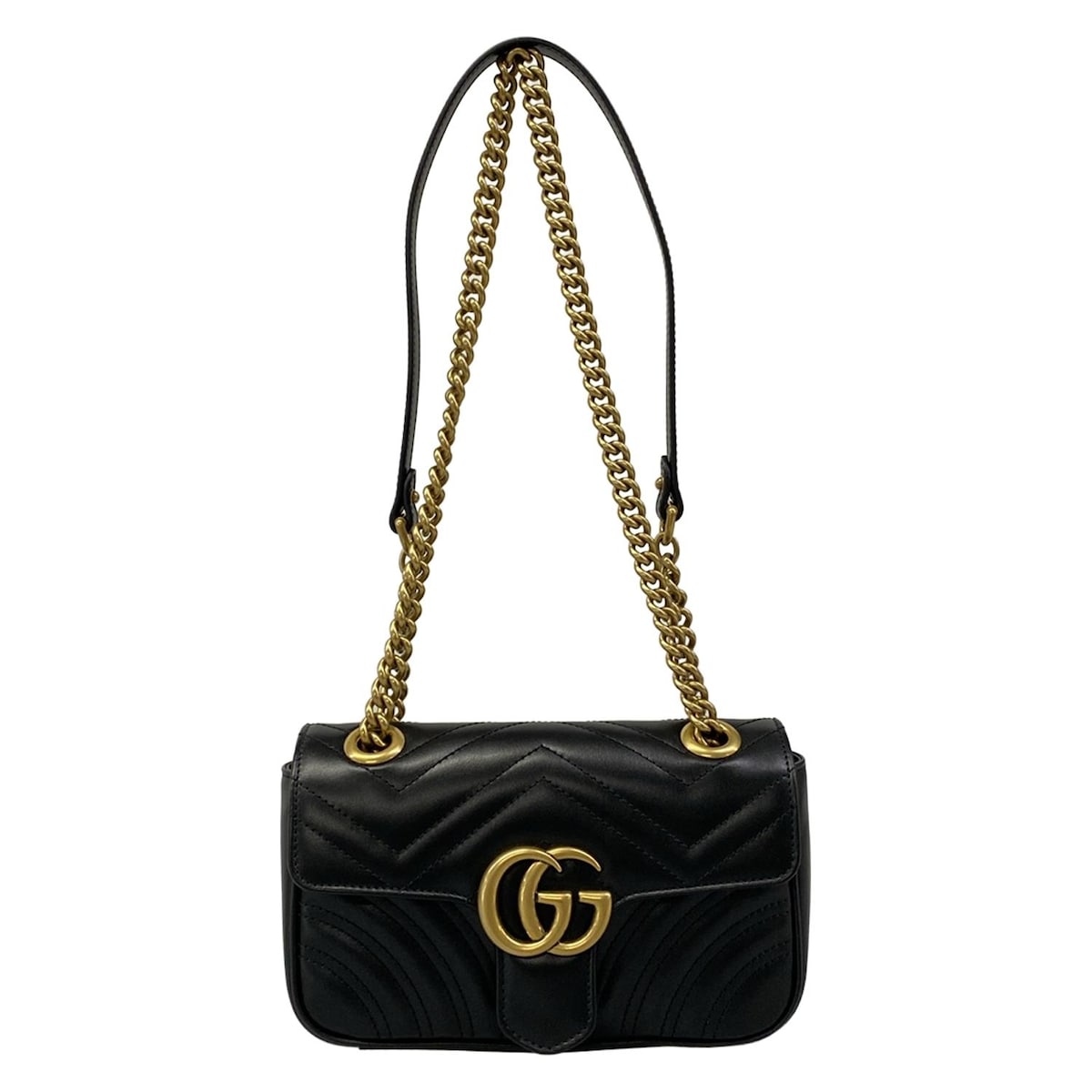 【新着】【中古】GUCCI(グッチ) GGマーモント ショルダーバッグ チェーンショルダー 黒 レザー