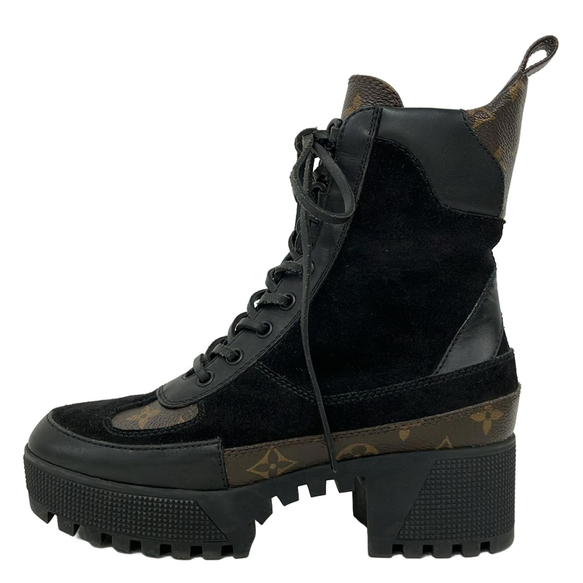 【中古】LOUIS VUITTON(ルイヴィトン) ローリエート・ライン アンクルブーツ ショートブーツ 黒×モノグラム レザー