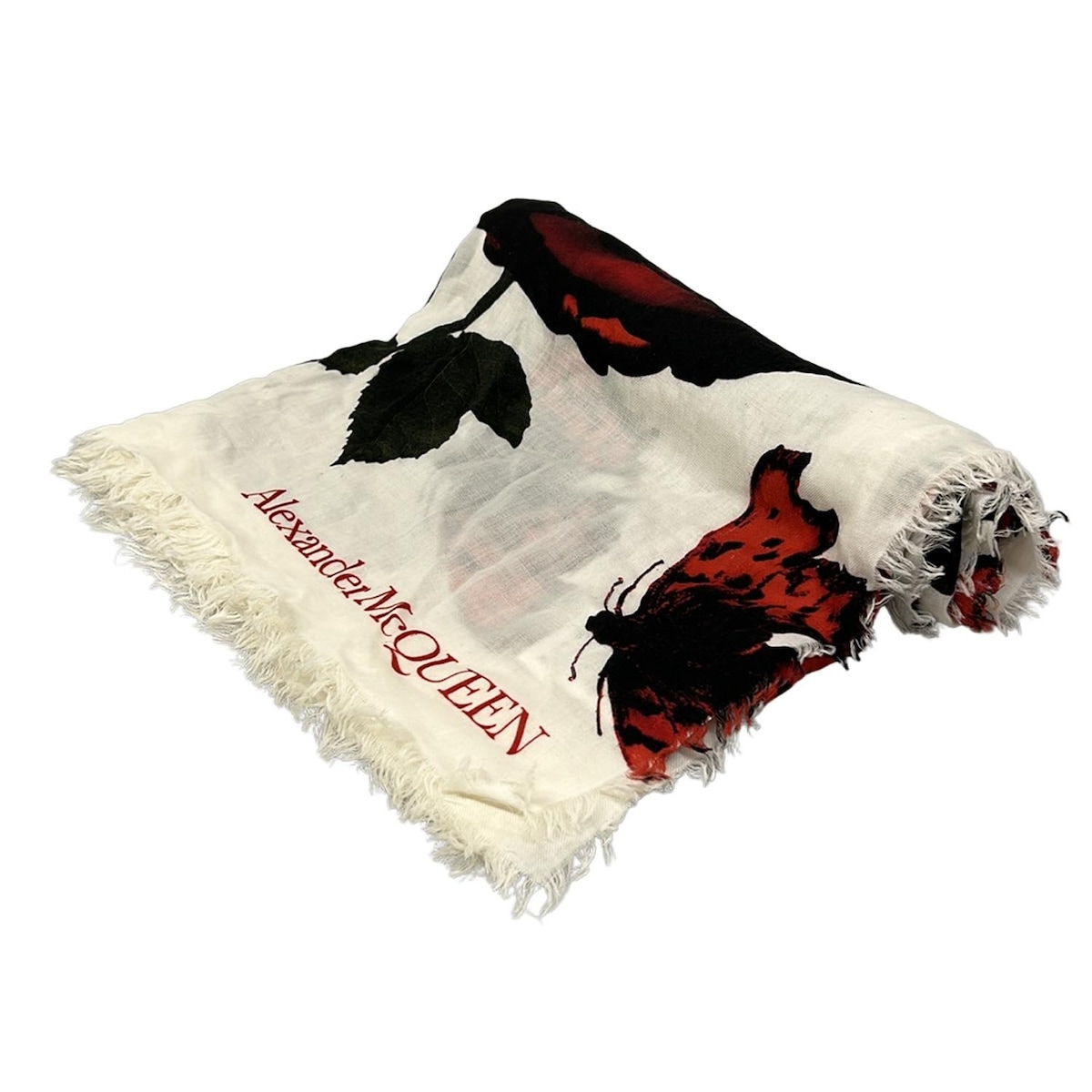 【新着】【中古】ALEXANDER McQUEEN(アレキサンダーマックイーン) ストール(ショール) 花柄 白×レッド×マルチ カシミヤ