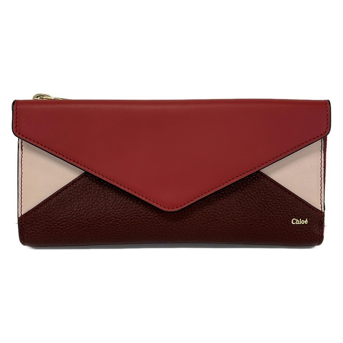 【新着】【中古】Chloe(クロエ) パッチワーク 長財布 レター/L字ファスナー アセロラ(ダークブラウン×レッド×ピンクベージュ) レザー